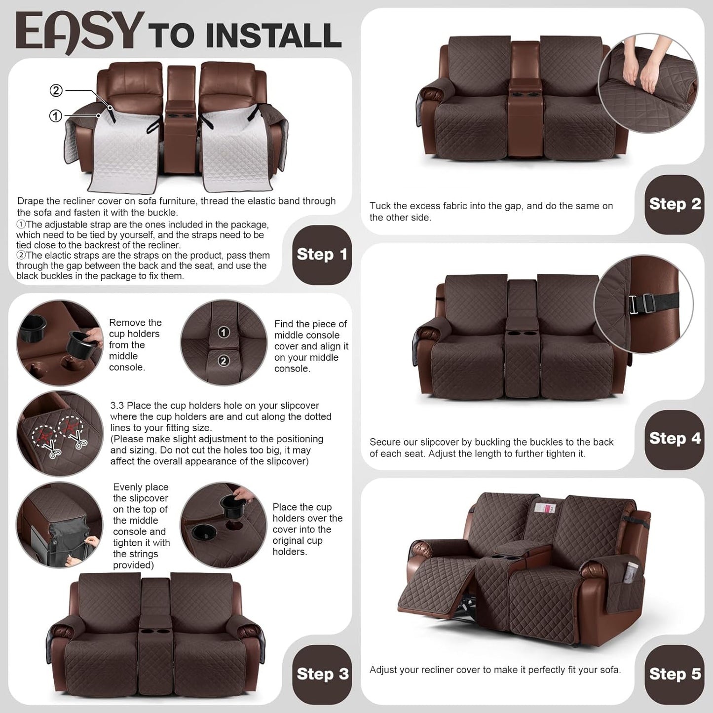 100%Waterproof  with Console, Non-Slip Reclining Couch Covers for 2 Seat, Recliner Sofa Cover Furniture Protector with Elastic Straps for Kids, Pets,Brown