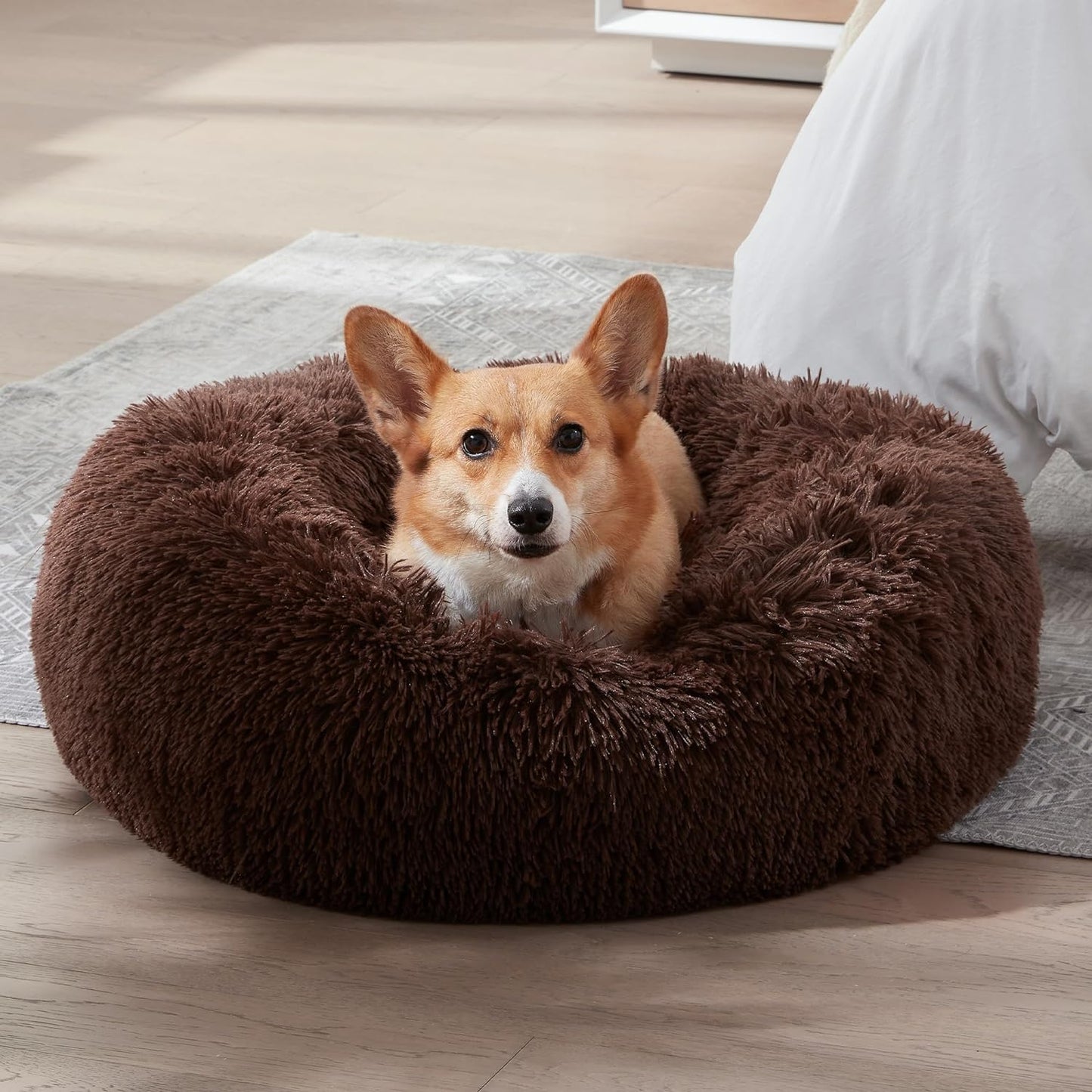 Anti Anxiety Round Fluffy Plush Faux Fur Warm Washable Dog Bed & Cat Bed, Original Bed for Small Medium Large Pets, Coffee