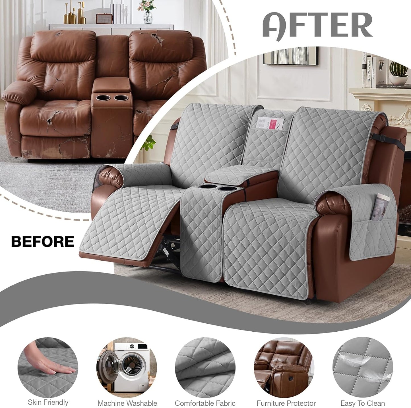 100%Waterproof  with Console, Non-Slip Reclining Couch Covers for 2 Seat, Recliner Sofa Cover Furniture Protector with Elastic Straps for Kids, Pets,Lightgrey