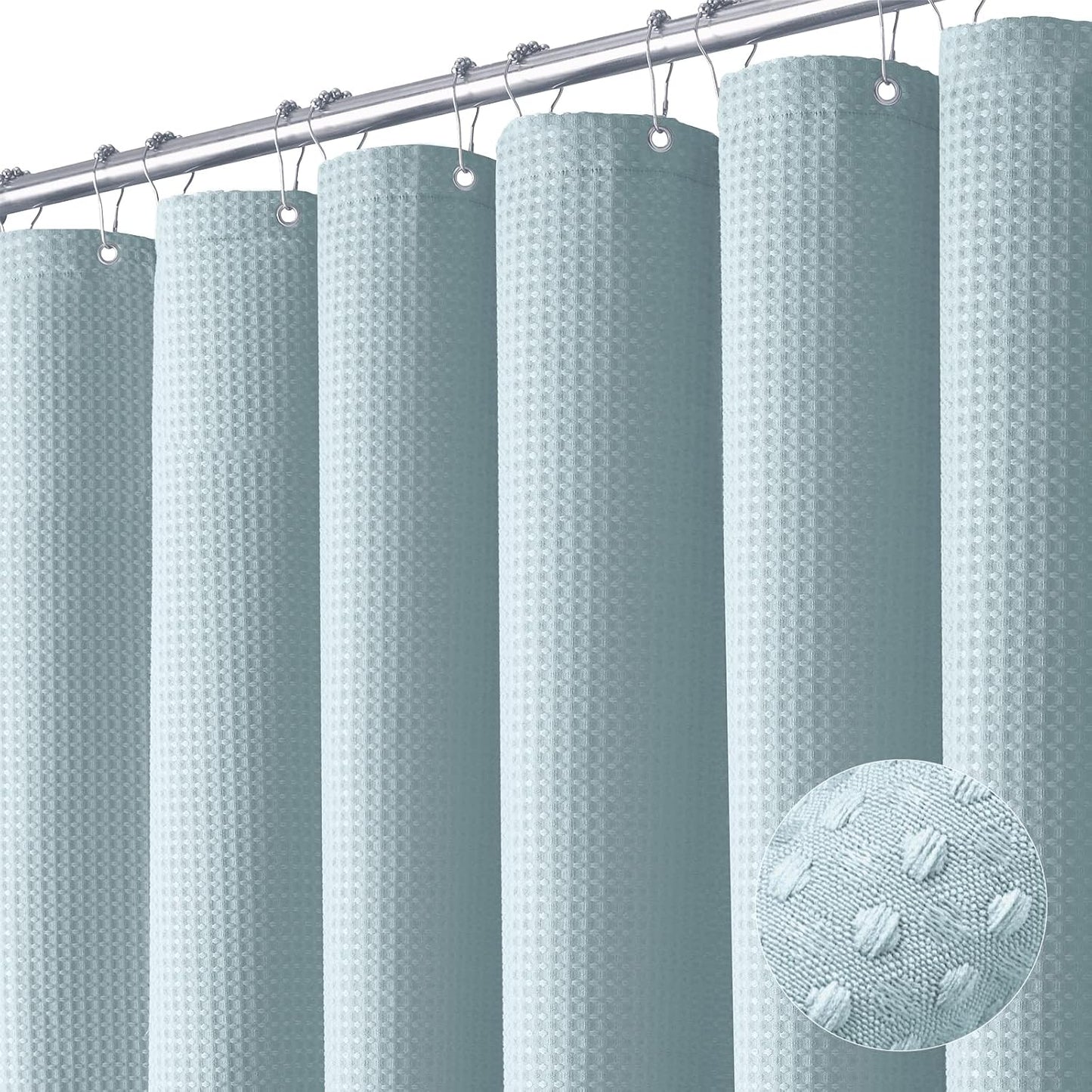 Fabric Shower Curtain - Waffle Weave Weighted Thick Cloth Shower Curtains for Bathroom, Hotel Spa Luxury Bath Curtain Set with 10 Hooks,Fog Blue