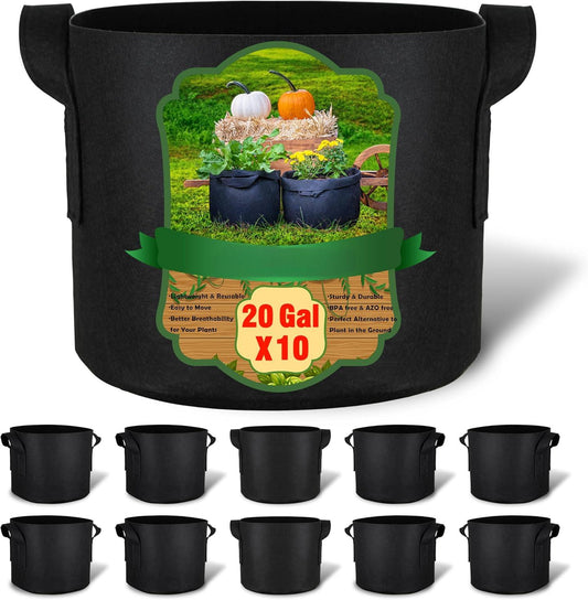 10-Pack 20 Gallon Grow Bags, Aeration Fabric Pots with Handles, Heavy Duty Cloth Pots for Plants