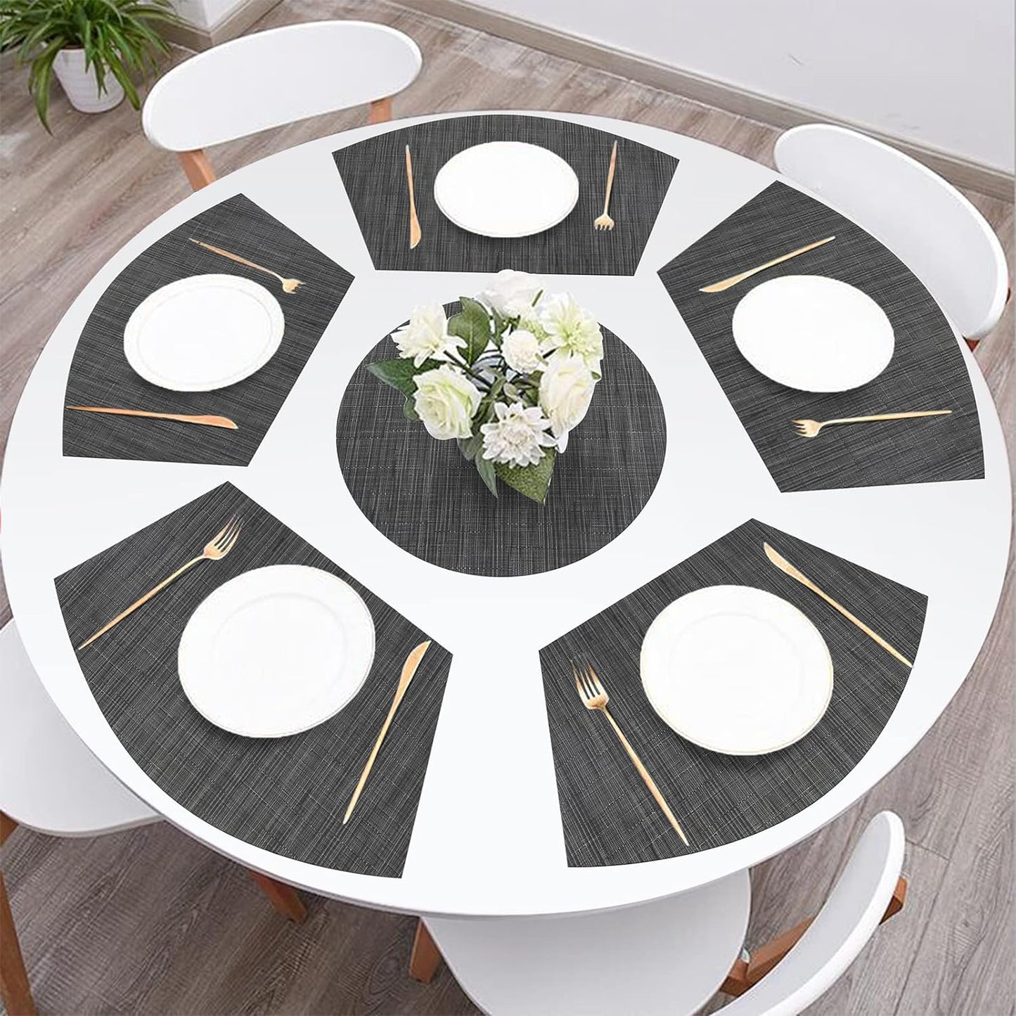 Round Table Placemats Set Wedge Shaped Place Mat with Centerpiece Round Mat Heat Resistant Table Mats Washable, Black Grey