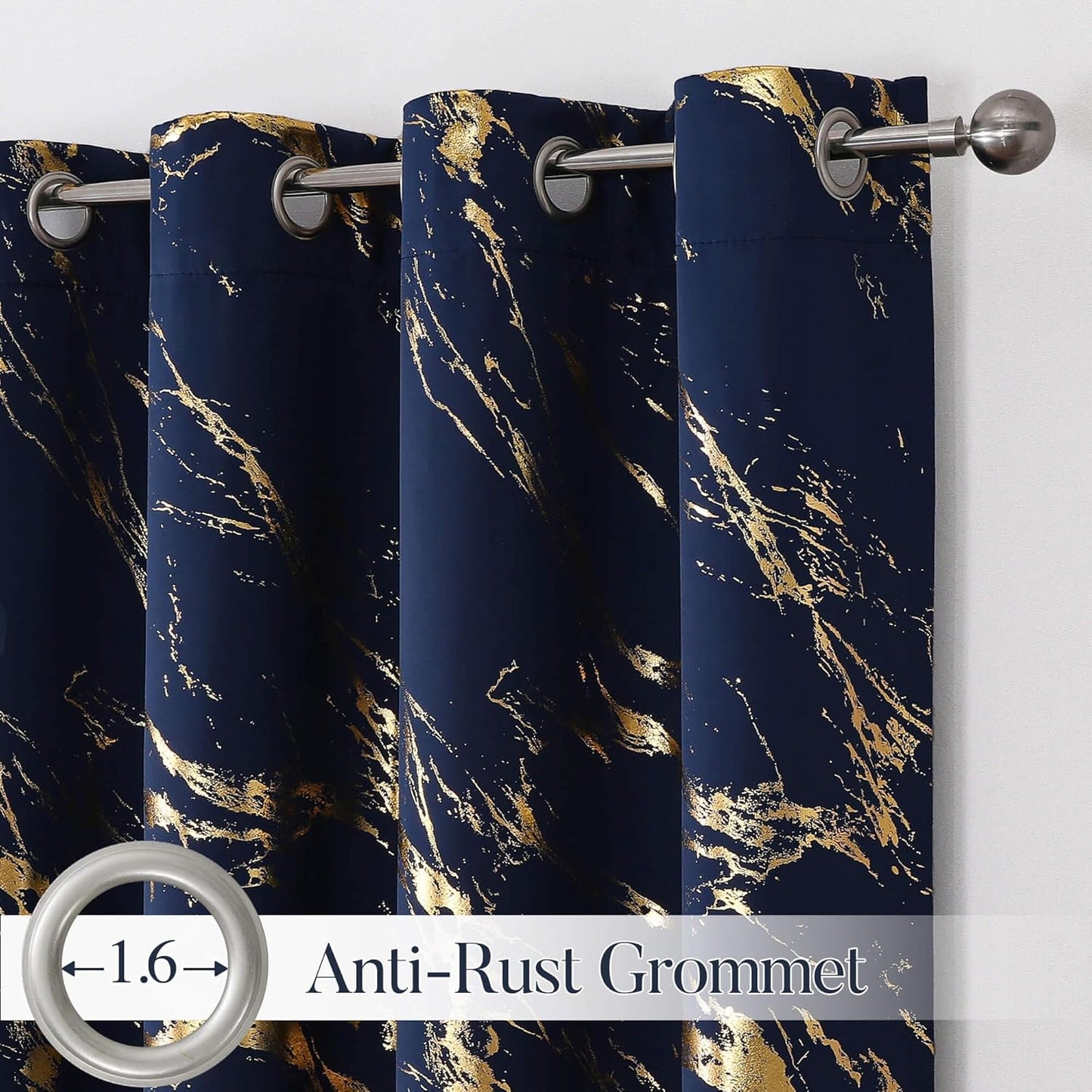 90% Blackout Curtains 2 Panels, Gold Marble Patterned Blackout Curtains Thermal Insulated Room Darkening Drapes for Living Room ,Navy
