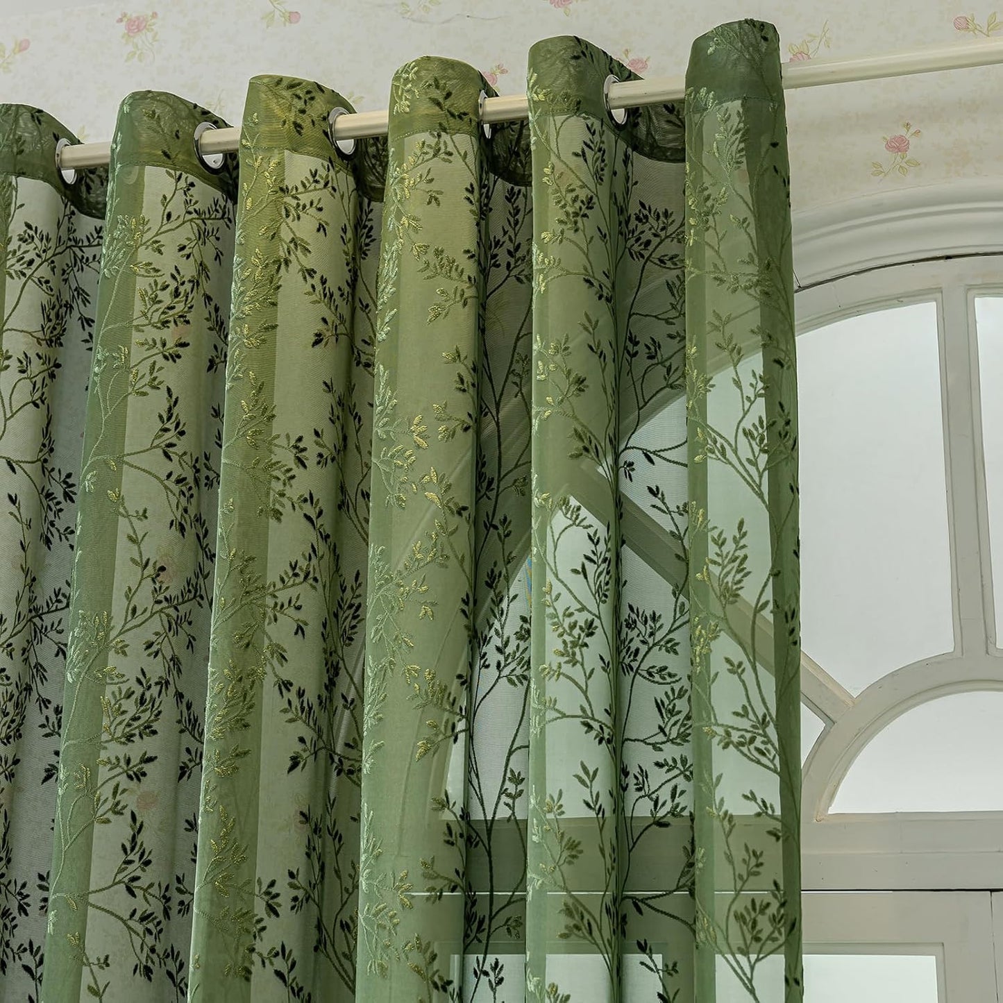 Green Lace Sheer Curtains, Farmhouse Leaf Jacquard Grommet Window Curtain for Living Room/Bedroom, Voile Sheer Panel Drapes