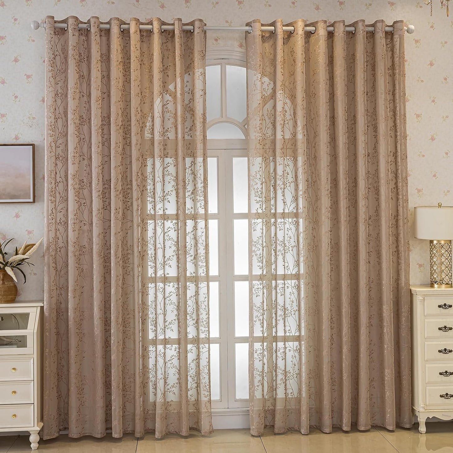 Coffee Lace Sheer Curtains, Farmhouse Leaf Jacquard Grommet Window Curtain for Living Room/Bedroom, Voile Sheer Panel Drapes