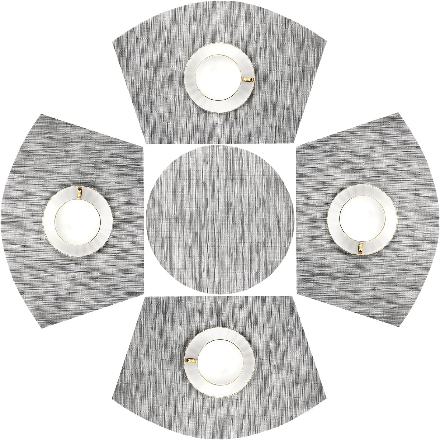 Round Table Placemats Set Wedge Shaped Place Mat with Centerpiece Round Mat Heat Resistant Table Mats Washable, Silver Grey