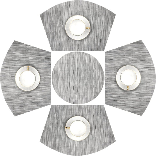 Round Table Placemats Set Wedge Shaped Place Mat with Centerpiece Round Mat Heat Resistant Table Mats Washable, Silver Grey