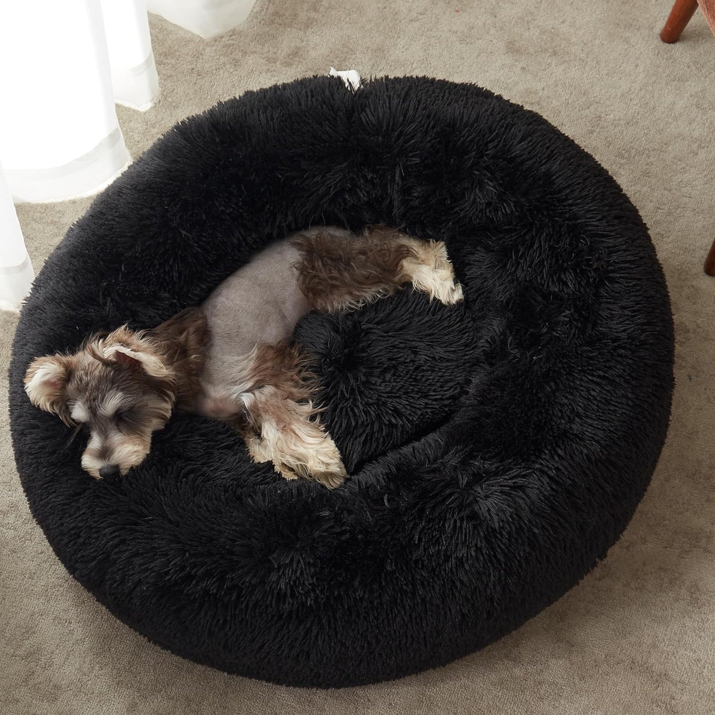 Anti Anxiety Round Fluffy Plush Faux Fur Warm Washable Dog Bed & Cat Bed, Original Bed for Small Medium Large Pets, Black