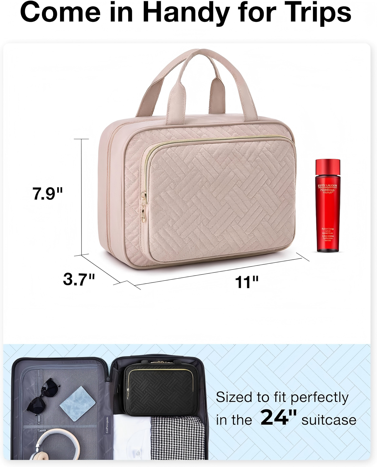 Toiletry Bag Hanging Travel Makeup Organizer, Transparent Cosmetic Bag Makeup Bag for Full Sized Toiletries, Pink