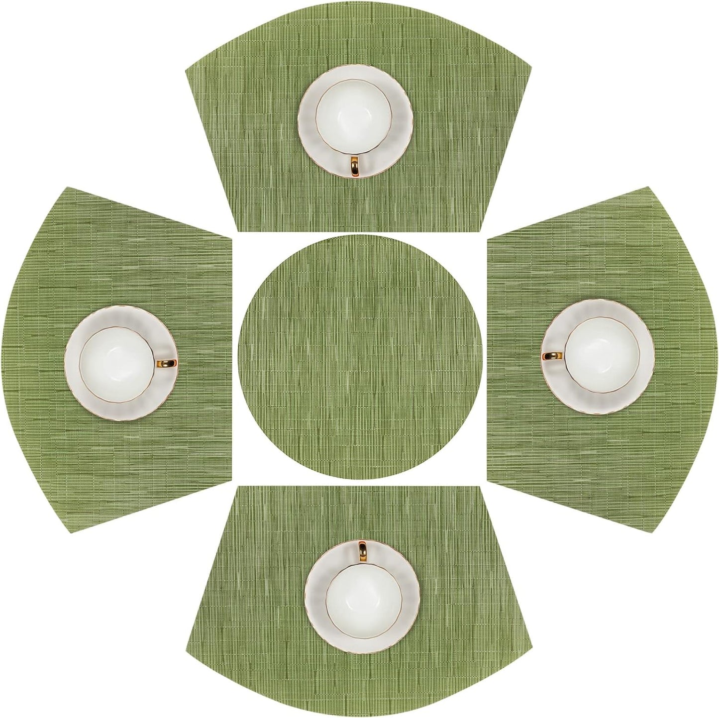 Round Table Placemats Set Wedge Shaped Place Mat with Centerpiece Round Mat Heat Resistant Table Mats Washable, Green