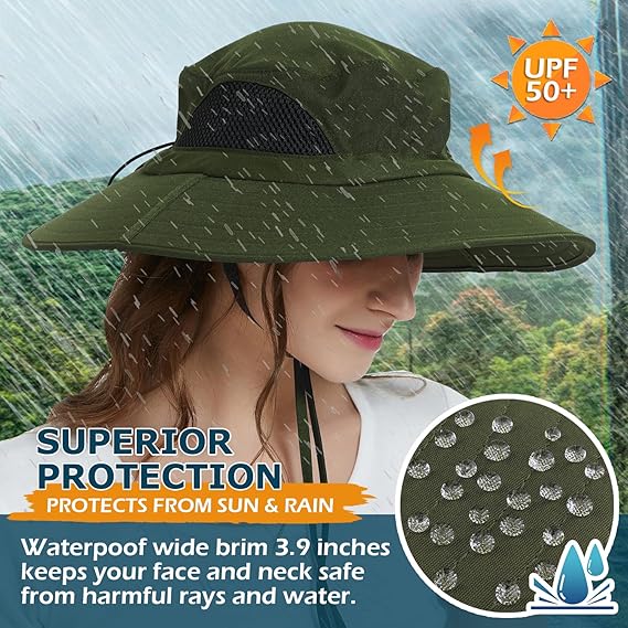 Unisex Sun Hat, Waterproof Wide Brim Bucket Hat Packable Boonie Hat for Fishing Hiking Gardening Safari Beach,Army Green