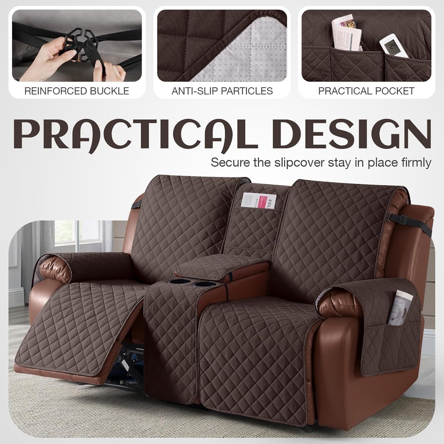 100%Waterproof  with Console, Non-Slip Reclining Couch Covers for 2 Seat, Recliner Sofa Cover Furniture Protector with Elastic Straps for Kids, Pets,Brown