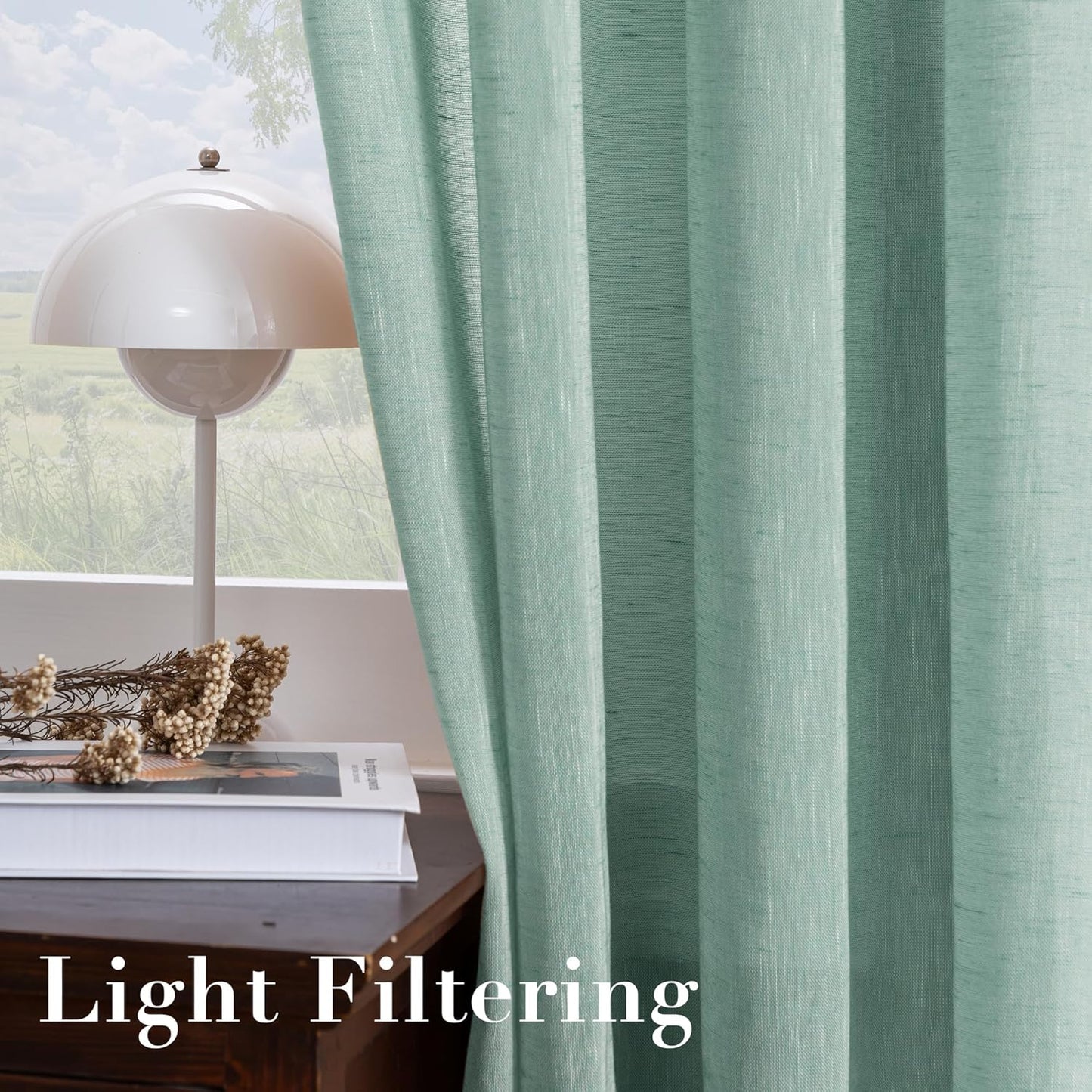 Natural Linen Sheer Curtains 2 Panels, Grommet Semitransparent Semi-Sheer Soft Comfort Privacy Drapes,Sage