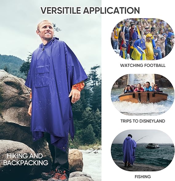 Hooded Rain Poncho for Adult with Pocket, Waterproof Lightweight Unisex Raincoat for Hiking Camping Emergency ,Blue