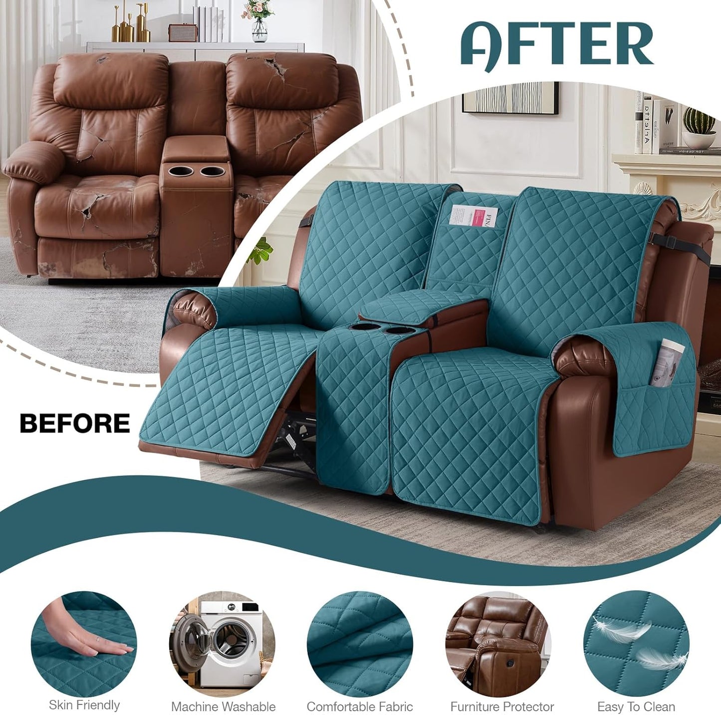 100%Waterproof  with Console, Non-Slip Reclining Couch Covers for 2 Seat, Recliner Sofa Cover Furniture Protector with Elastic Straps for Kids, Pets,Deepteal
