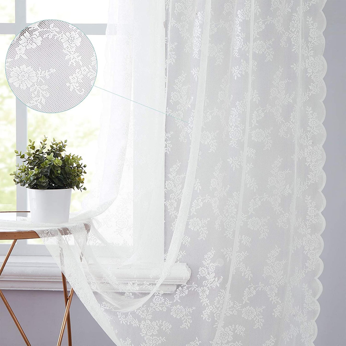 White Lace Sheer Curtains for Bedroom Farmhouse French Floral Rose Lace Curtain Panels Durable Flower Embeoidered Window Treatment Drapes for Living Room Christmas Holiday, Set of 2