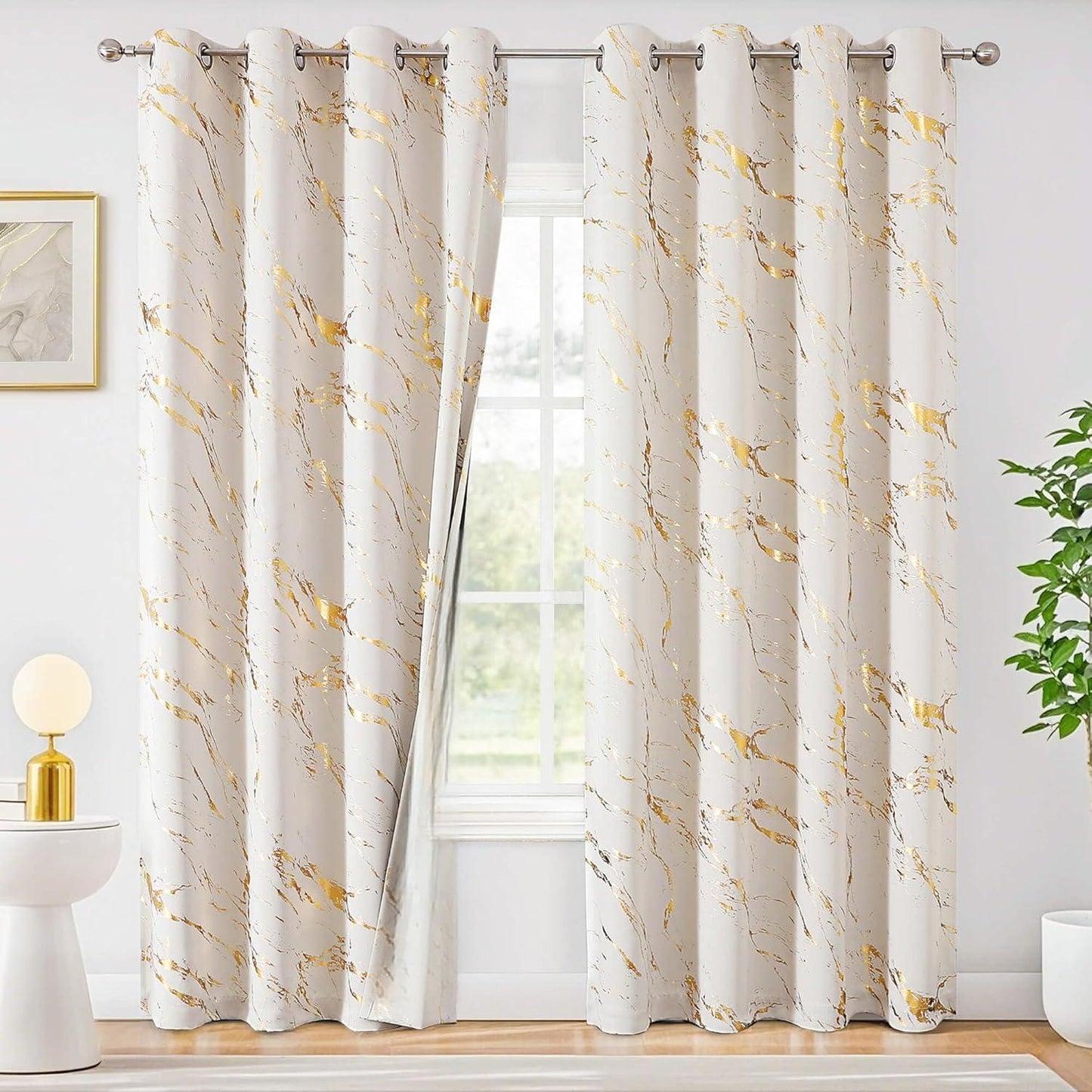 90% Blackout Curtains 2 Panels, Gold Marble Patterned Blackout Curtains Thermal Insulated Room Darkening Drapes for Living Room ,Beige