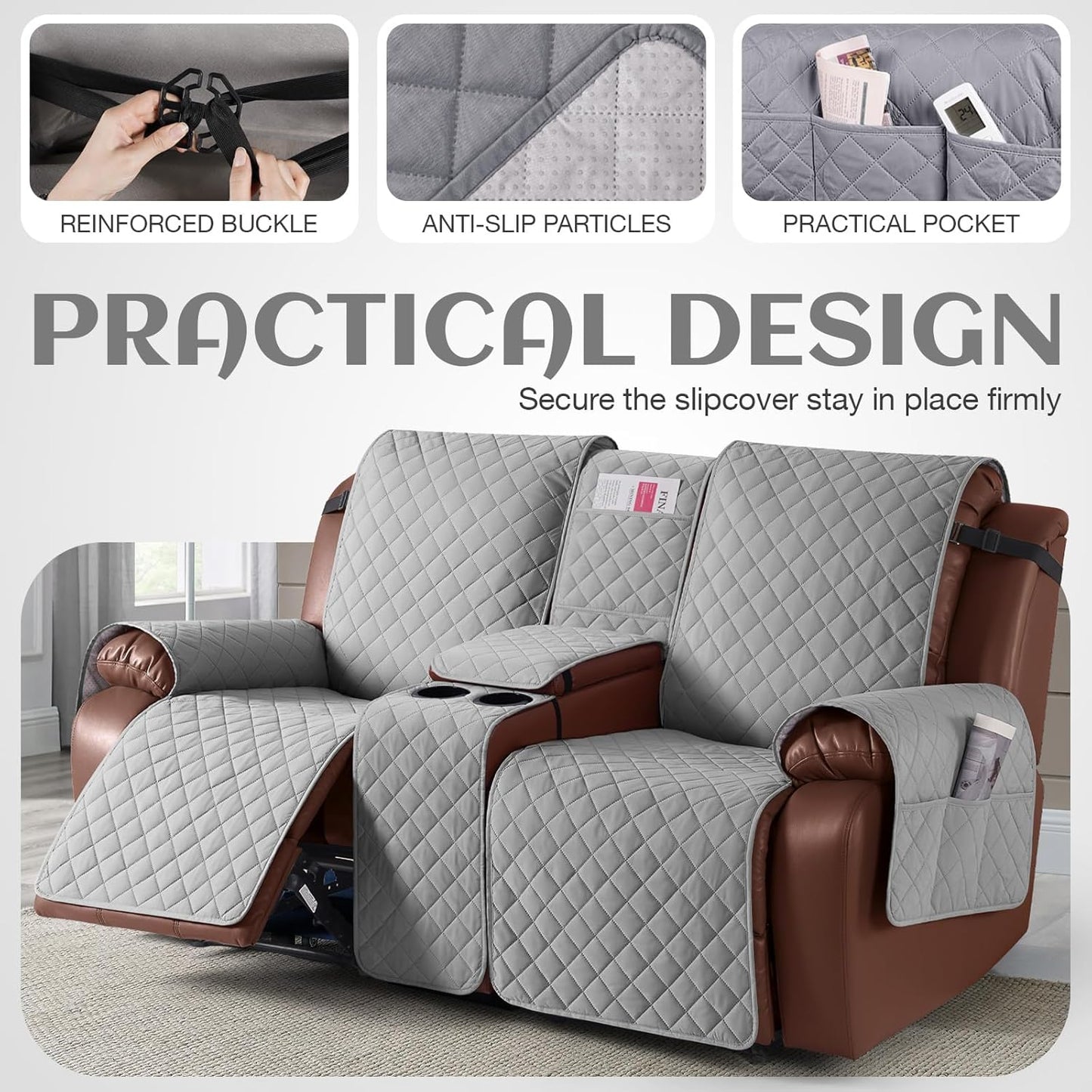100%Waterproof  with Console, Non-Slip Reclining Couch Covers for 2 Seat, Recliner Sofa Cover Furniture Protector with Elastic Straps for Kids, Pets,Lightgrey