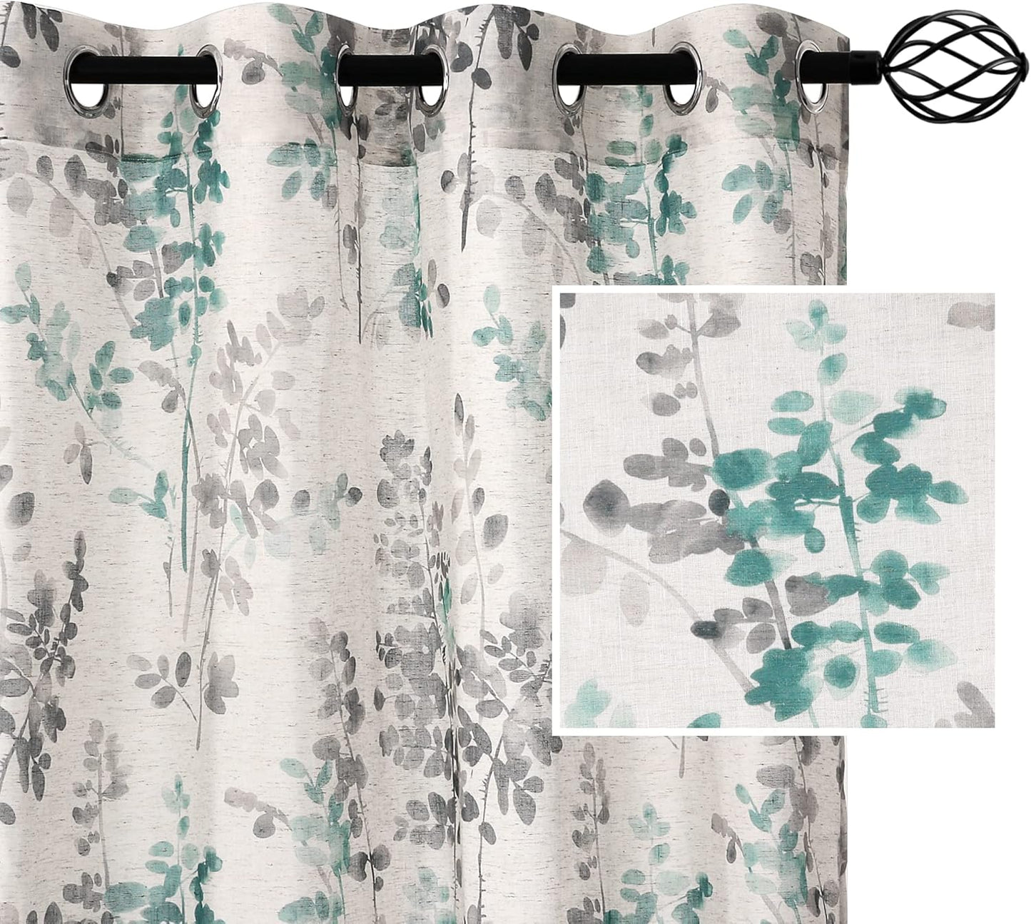 Sheer Linen Curtains Semi Sheer Curtains Draperies for Living Room/Bedroom Vintage Classical Floral Printing Window Treatment Grommet 2 Panels,Grey/Turquoise