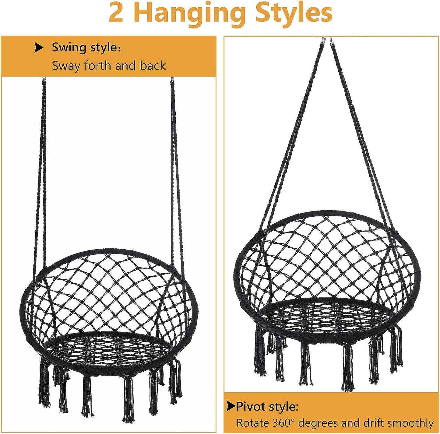 Macrame Hammock Hanging Rocking Chair, Suitable for Bedroom, Outdoor, Children, Adults, Huge Load-bearing Capacity（Black）