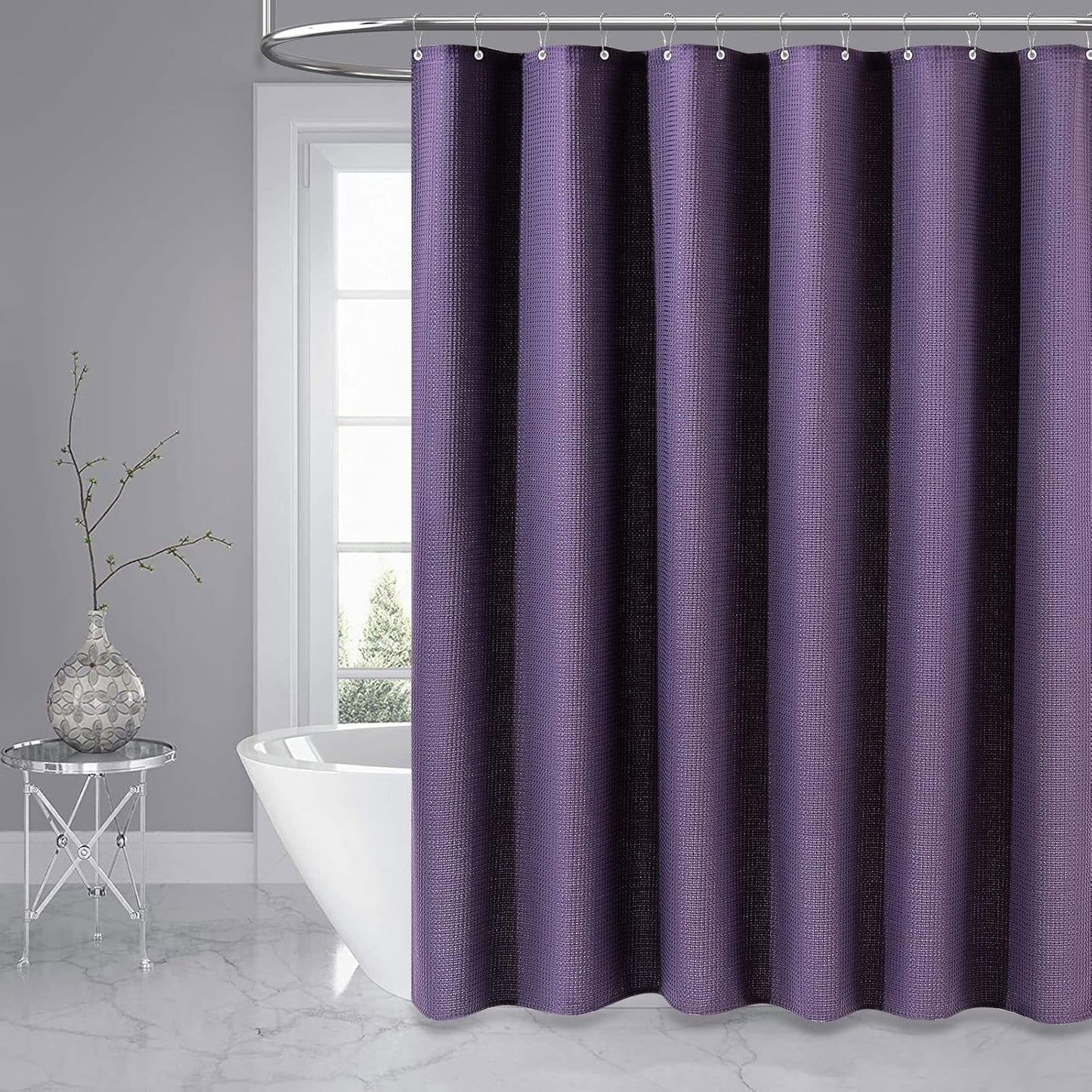 Fabric Shower Curtain - Waffle Weave Weighted Thick Cloth Shower Curtains for Bathroom, Hotel Spa Luxury Bath Curtain Set with 10 Hooks,Purple