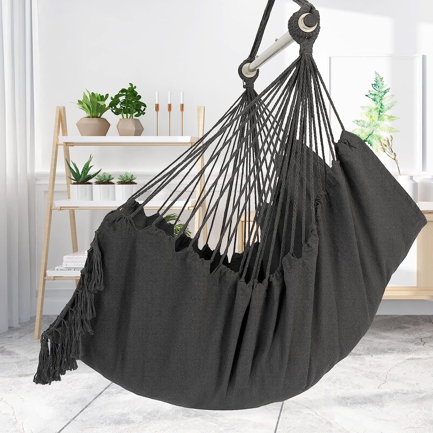 Hammock Chair Hanging Rope Swing, Large Hanging Chair with Pocket and tassels,Cushions for Superior Comfort, with Hardware Kit (Dark Grey)
