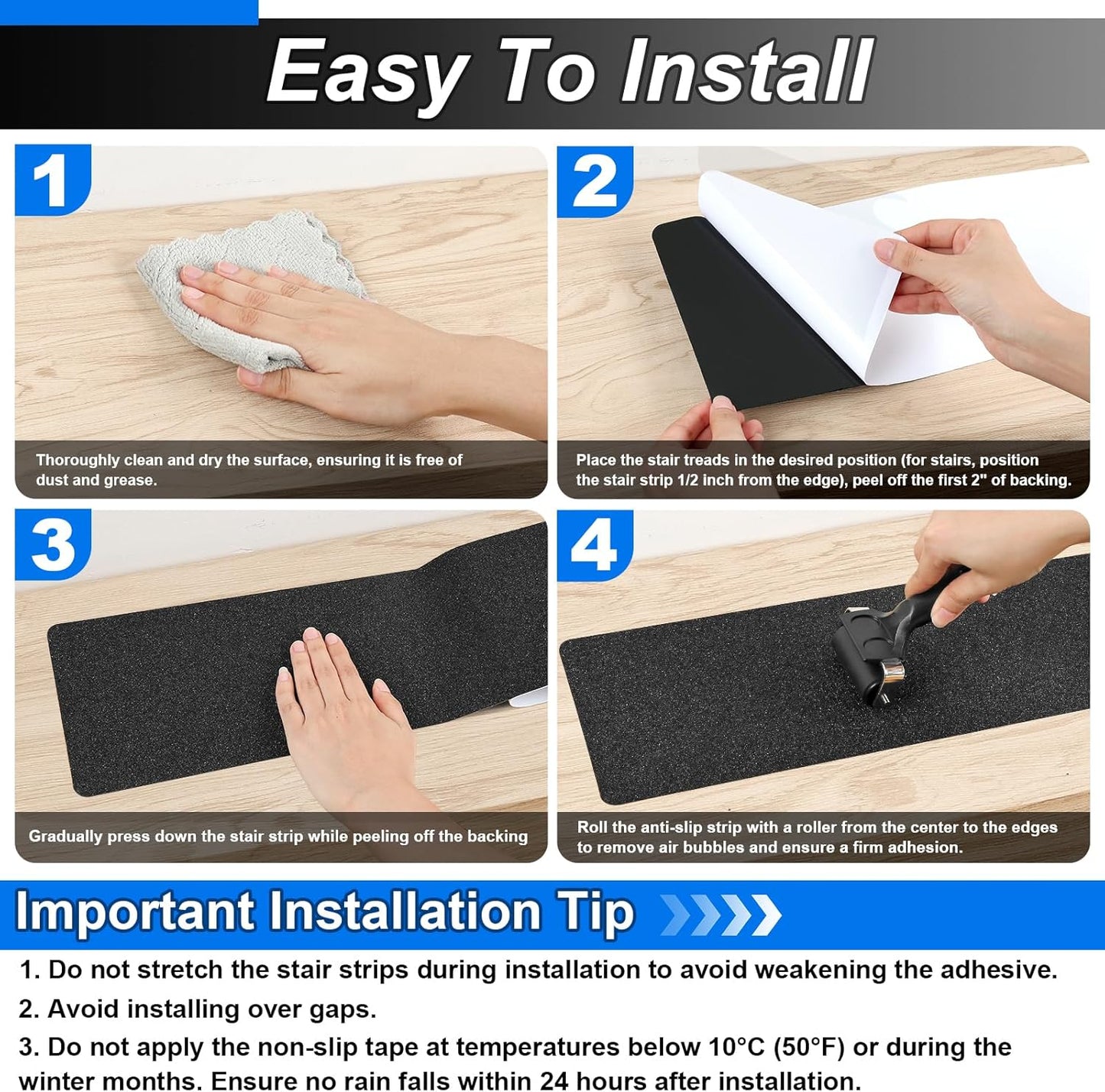 Black Non-Slip Treads for Wooden Steps Indoor Pre-Cut Anti-Slip Strips, Grip Tape Transparent Grips for Wood Stairs, Dogs, Kids and Pets, Waterproof