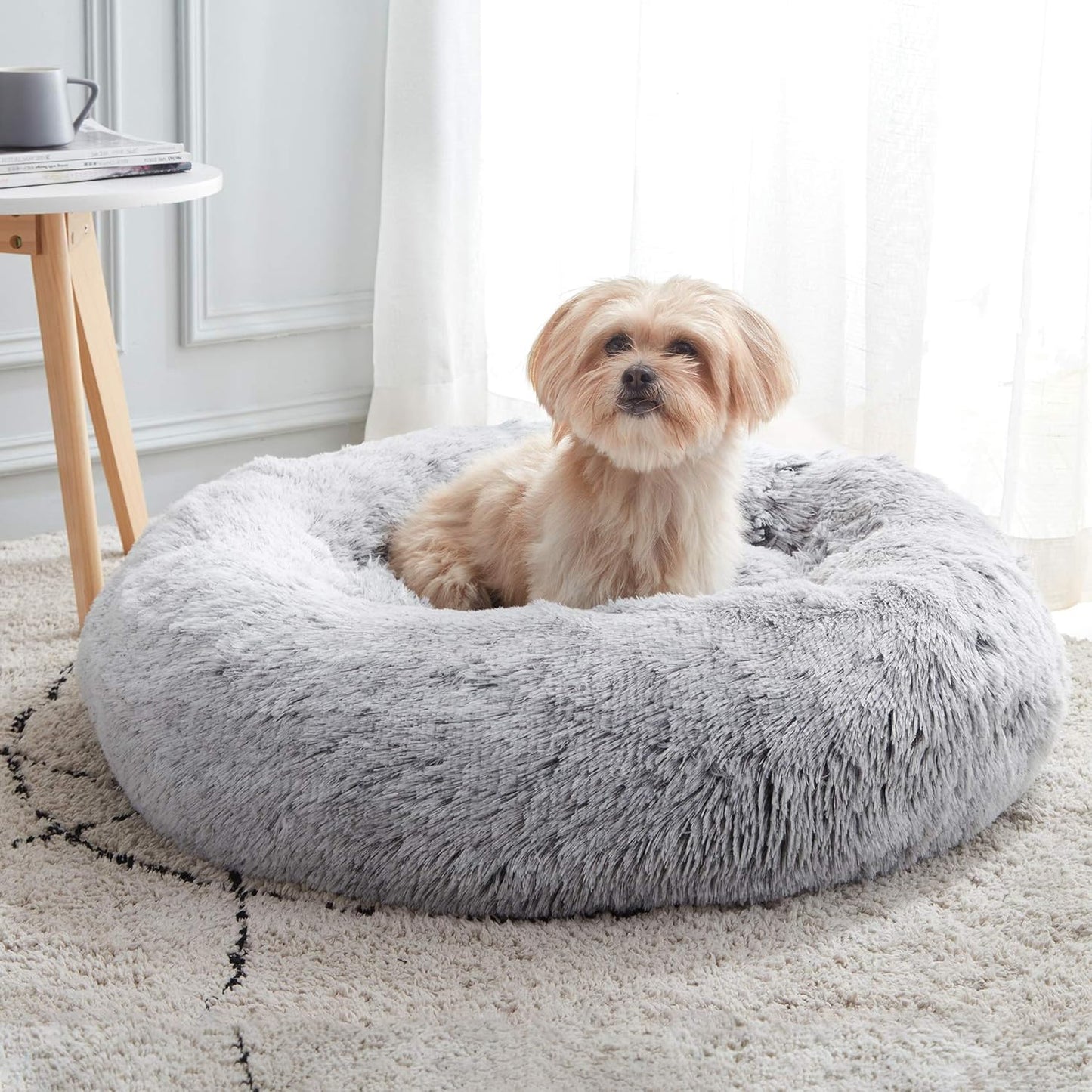 Anti Anxiety Round Fluffy Plush Faux Fur Warm Washable Dog Bed & Cat Bed, Original Bed for Small Medium Large Pets,Light Grey