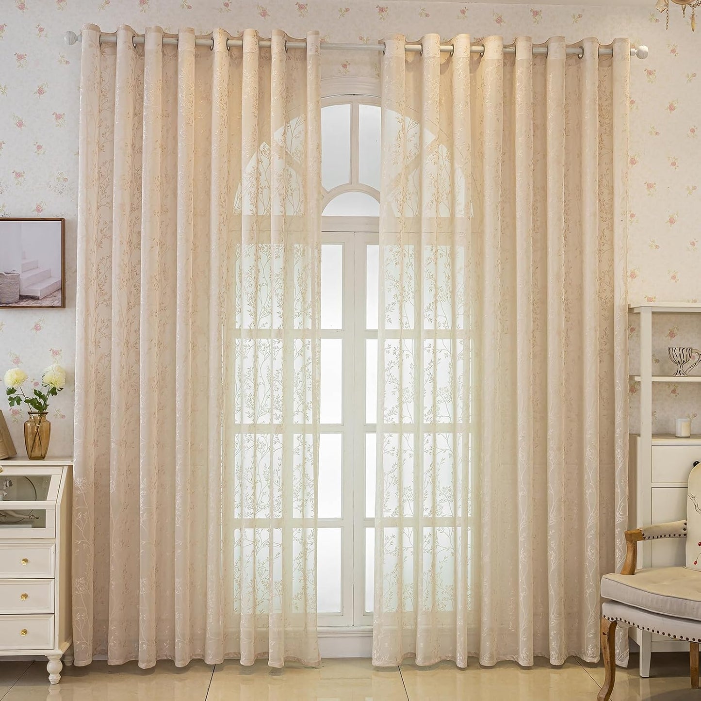 Beige Lace Sheer Curtains, Farmhouse Leaf Jacquard Grommet Window Curtain for Living Room/Bedroom, Voile Sheer Panel Drapes