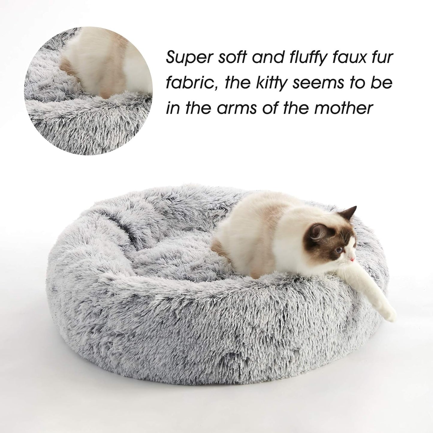 Anti Anxiety Round Fluffy Plush Faux Fur Warm Washable Dog Bed & Cat Bed, Original Bed for Small Medium Large Pets,Light Grey