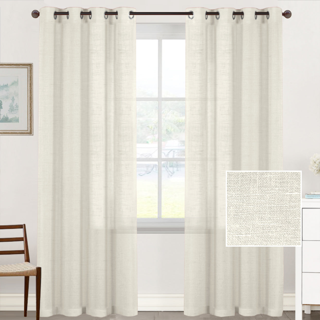 Natural Linen Sheer Curtains 2 Panels, Grommet Semitransparent Semi-Sheer Soft Comfort Privacy Drapes,Ivory