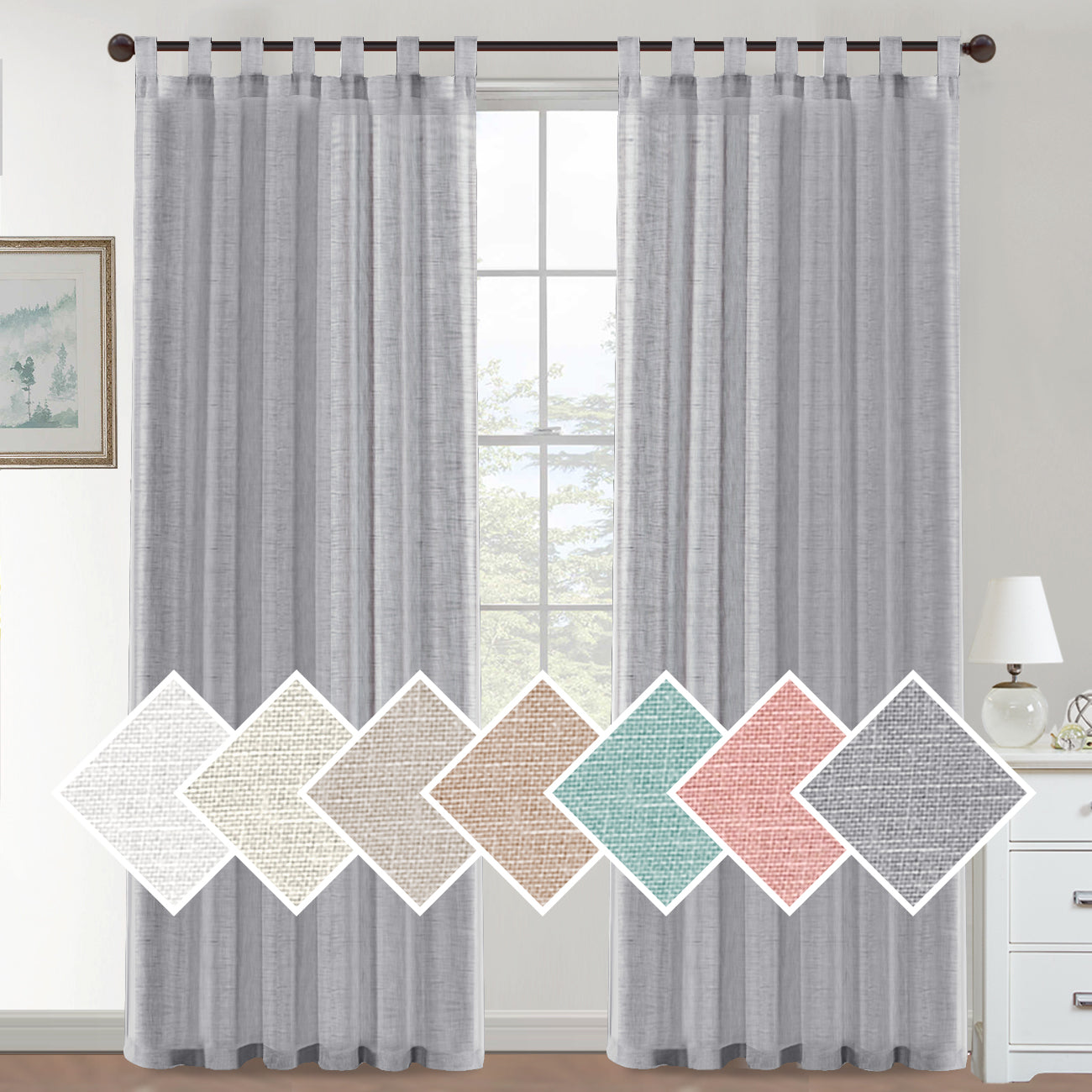 Natural Linen Sheer Curtains 2 Panels, Tab Top Semitransparent Semi-Sheer Soft Comfort Privacy Drapes,Grey