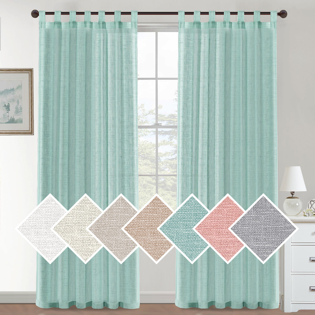 Natural Linen Sheer Curtains 2 Panels, Tab Top Semitransparent Semi-Sheer Soft Comfort Privacy Drapes,Sage