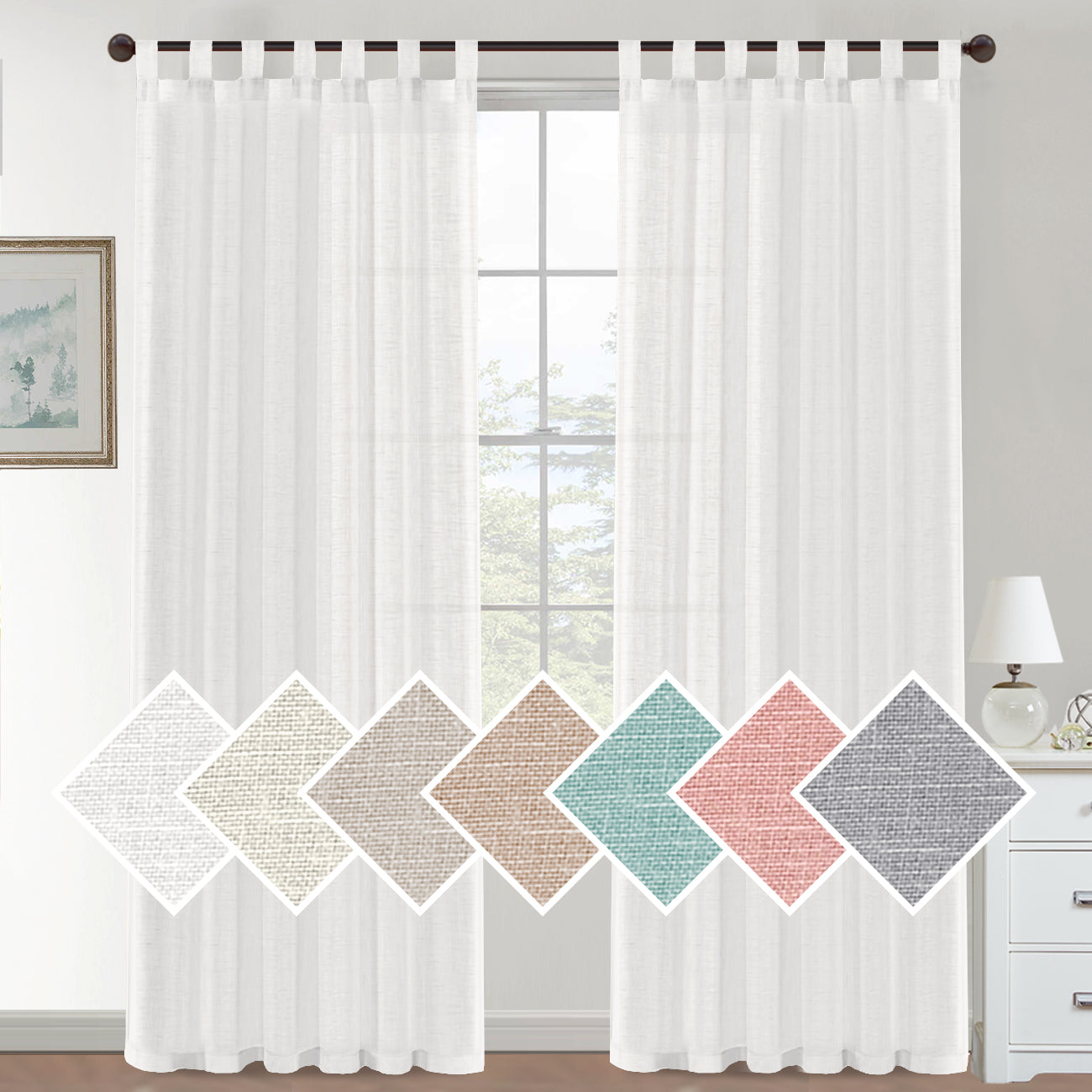 Natural Linen Sheer Curtains 2 Panels, Tab Top Semitransparent Semi-Sheer Soft Comfort Privacy Drapes,White