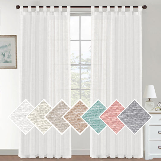 Natural Linen Sheer Curtains 2 Panels, Tab Top Semitransparent Semi-Sheer Soft Comfort Privacy Drapes,White