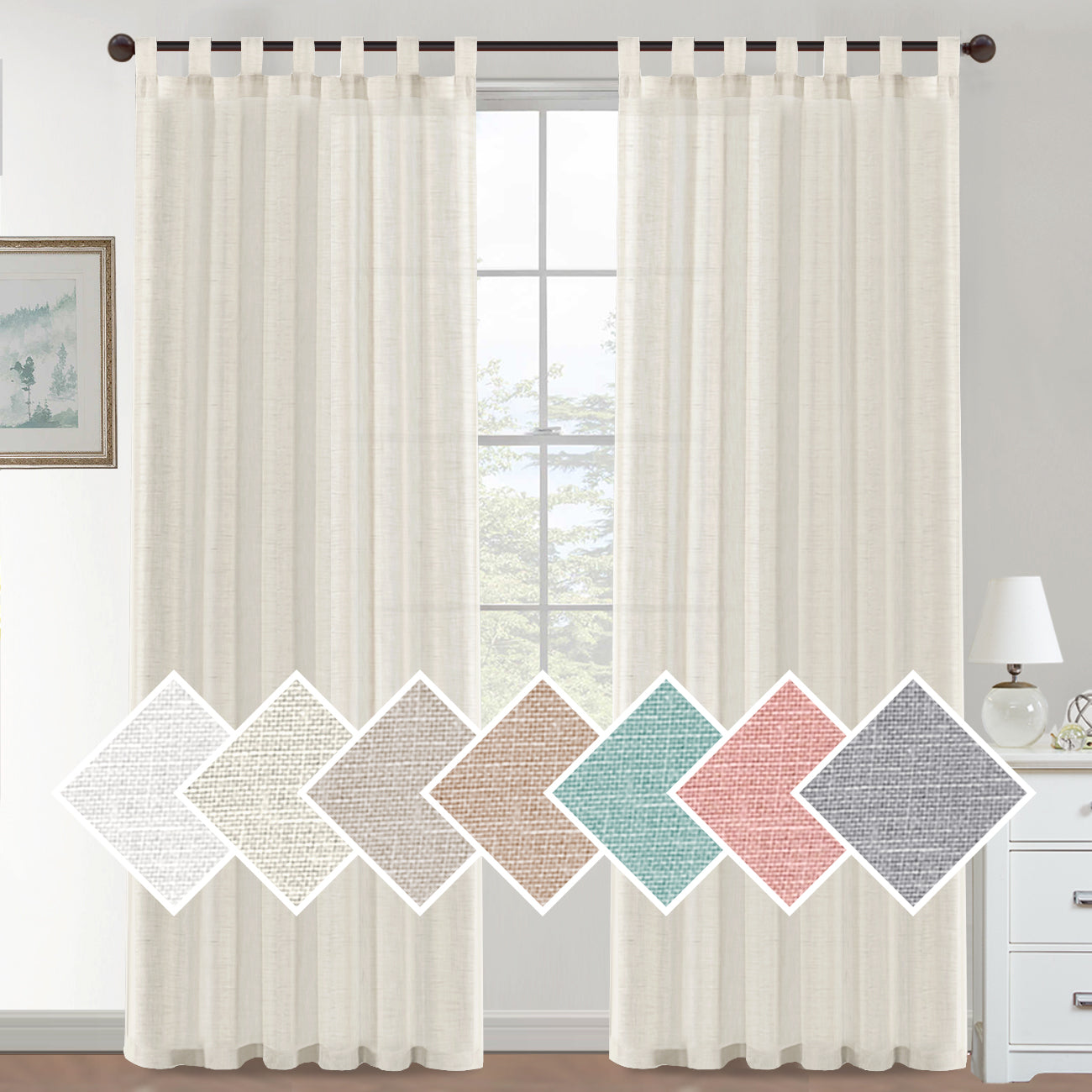 Natural Linen Sheer Curtains 2 Panels, Tab Top Semitransparent Semi-Sheer Soft Comfort Privacy Drapes,Ivory