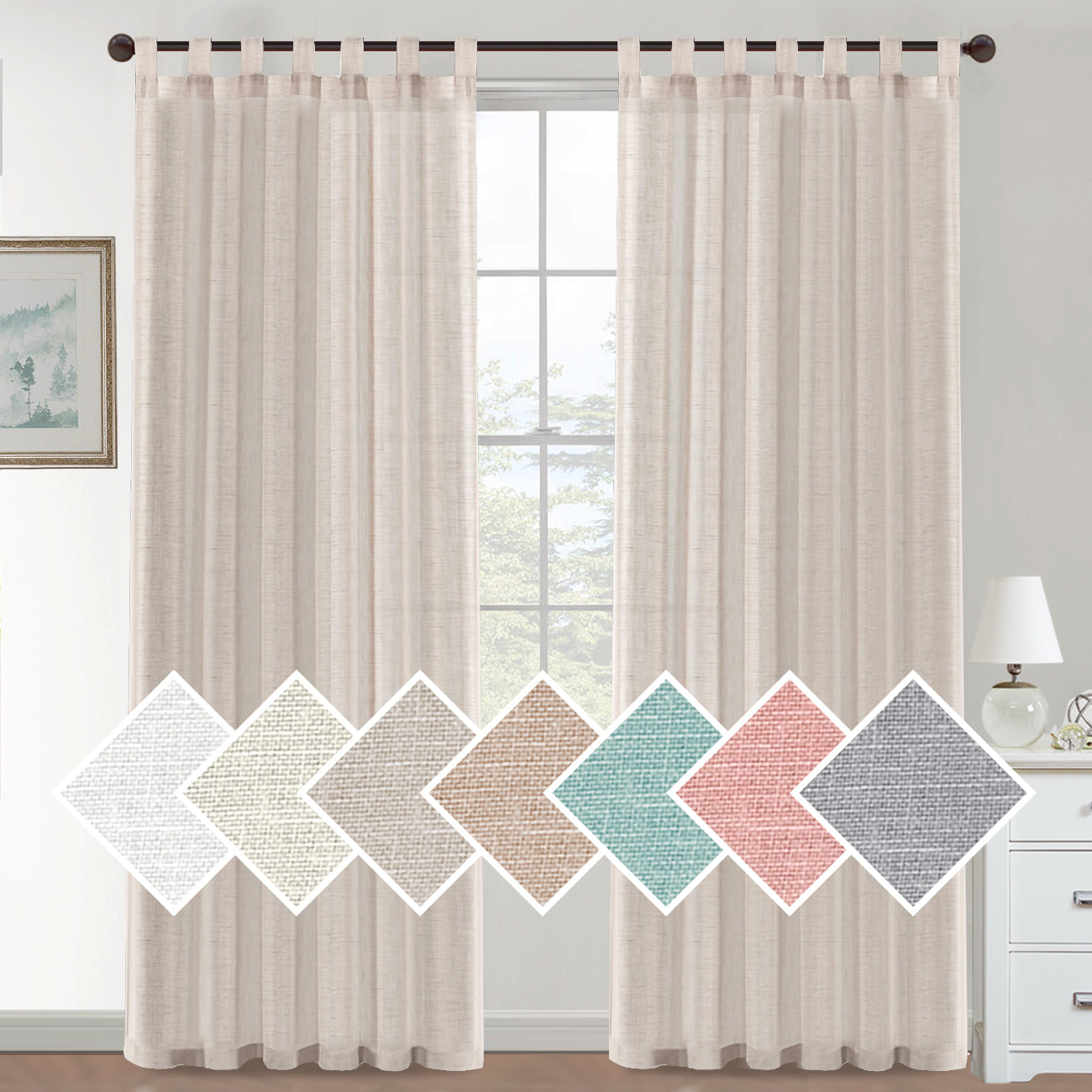 Natural Linen Sheer Curtains 2 Panels, Tab Top Semitransparent Semi-Sheer Soft Comfort Privacy Drapes,Linen