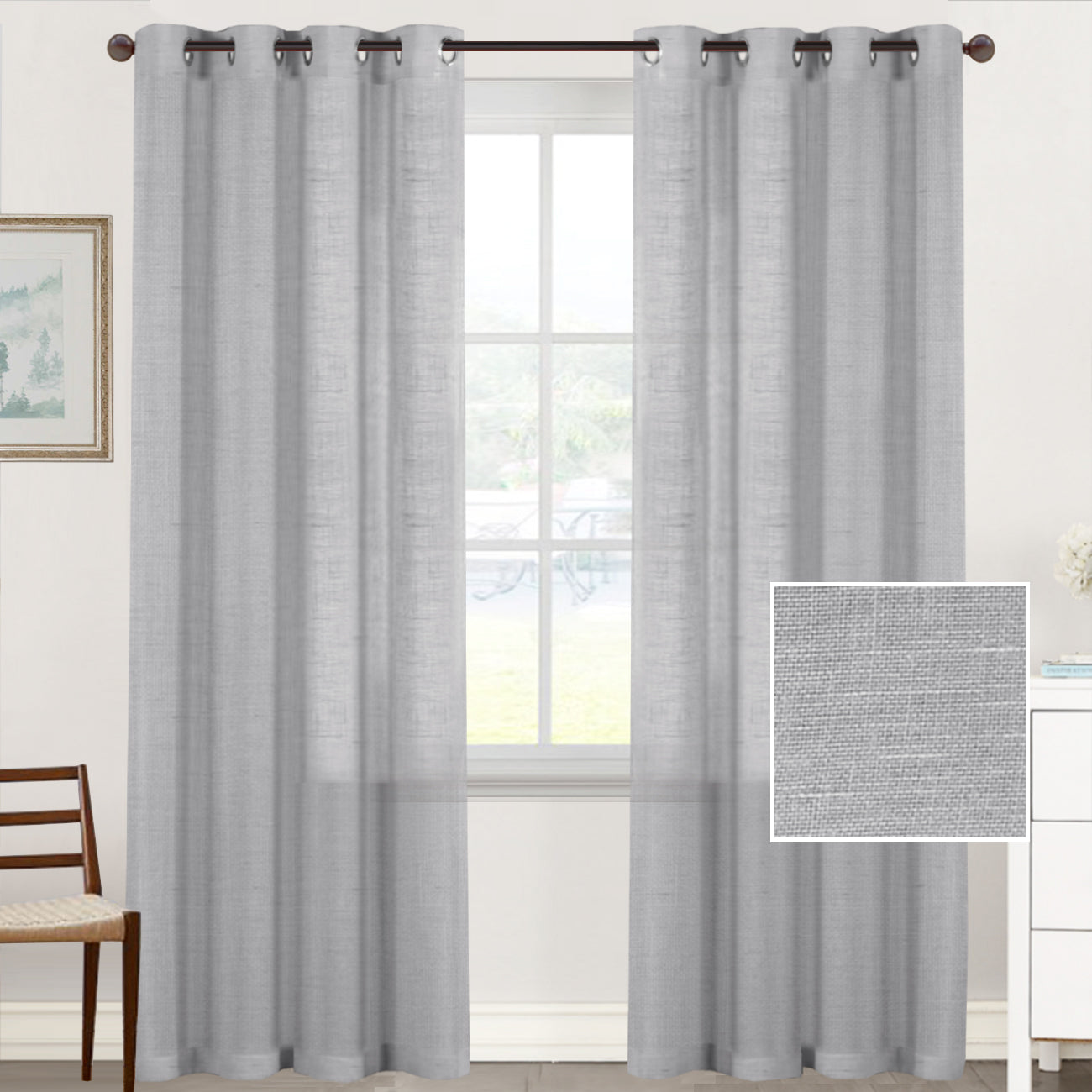 Natural Linen Sheer Curtains 2 Panels, Grommet Semitransparent Semi-Sheer Soft Comfort Privacy Drapes,Grey