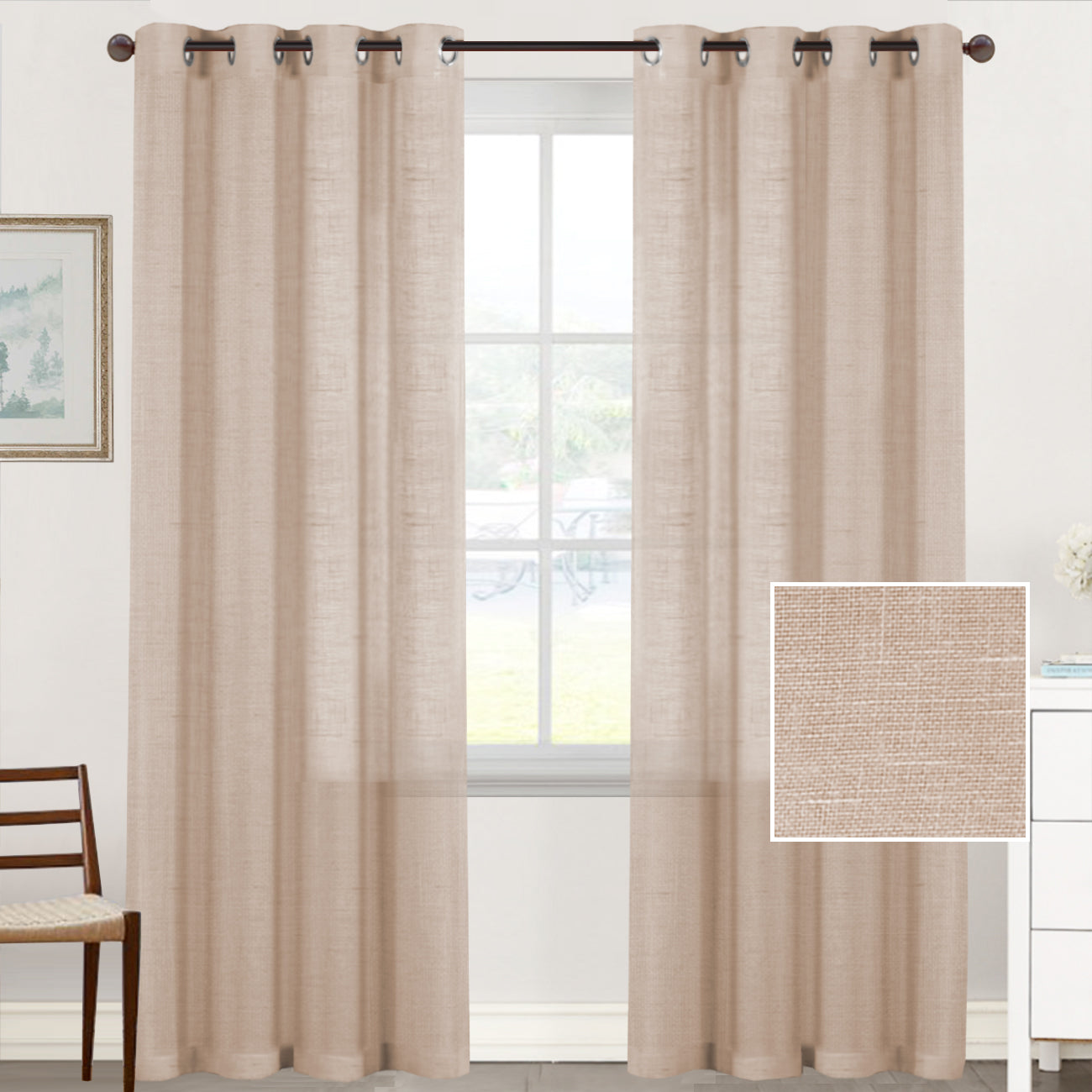 Natural Linen Sheer Curtains 2 Panels, Grommet Semitransparent Semi-Sheer Soft Comfort Privacy Drapes,Natural