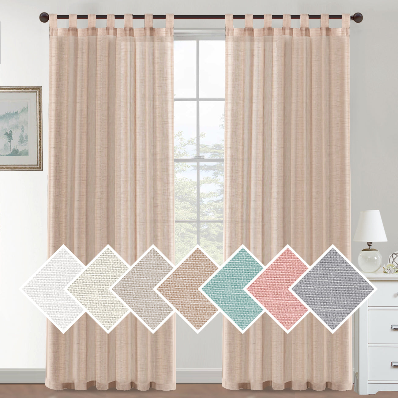 Natural Linen Sheer Curtains 2 Panels, Tab Top Semitransparent Semi-Sheer Soft Comfort Privacy Drapes,Natural