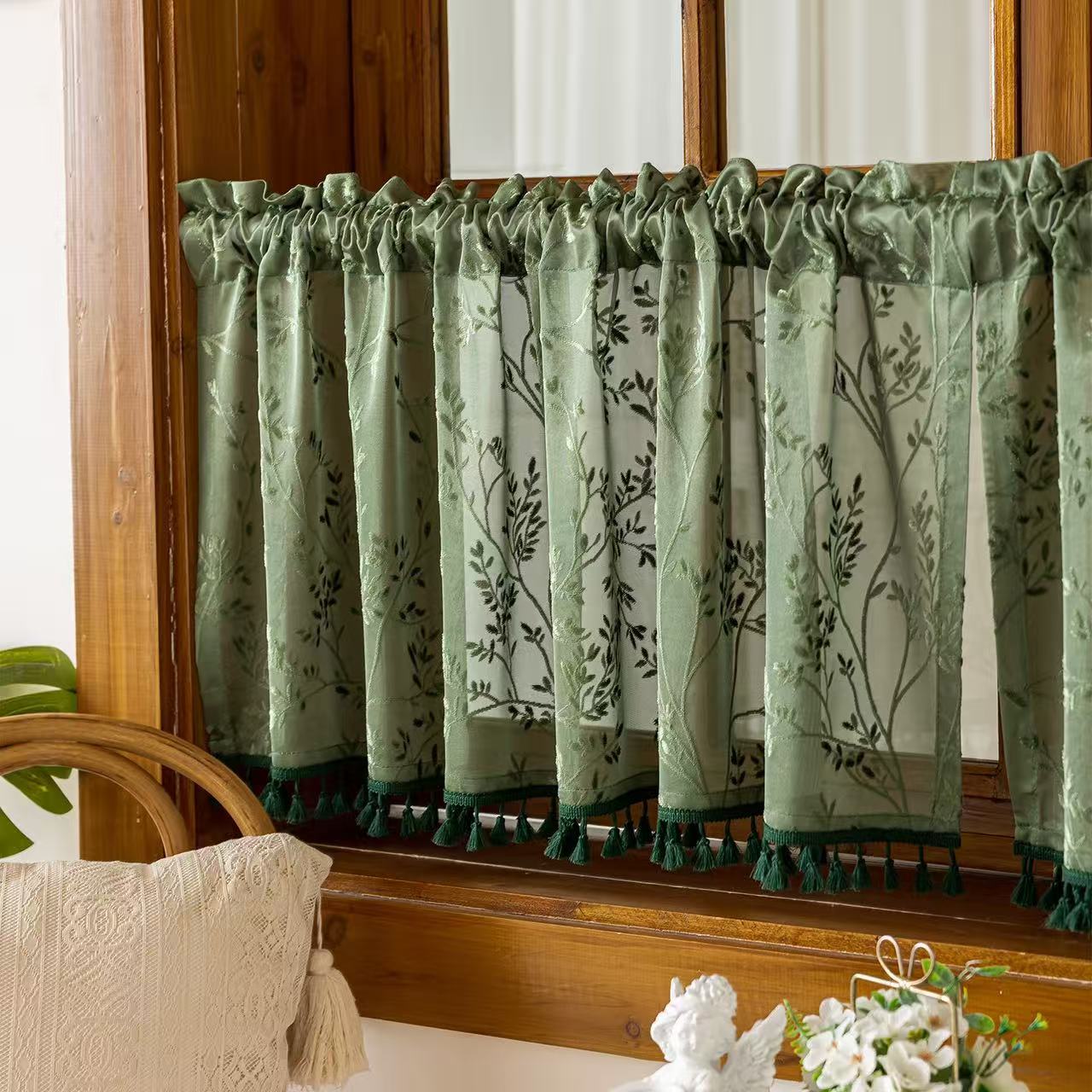 Green Valances for Windows, Small Window Curtains for Living Room Bathroom Laundry Basement, Modern Rod Pocket Semi Sheer Jacquard Curtains