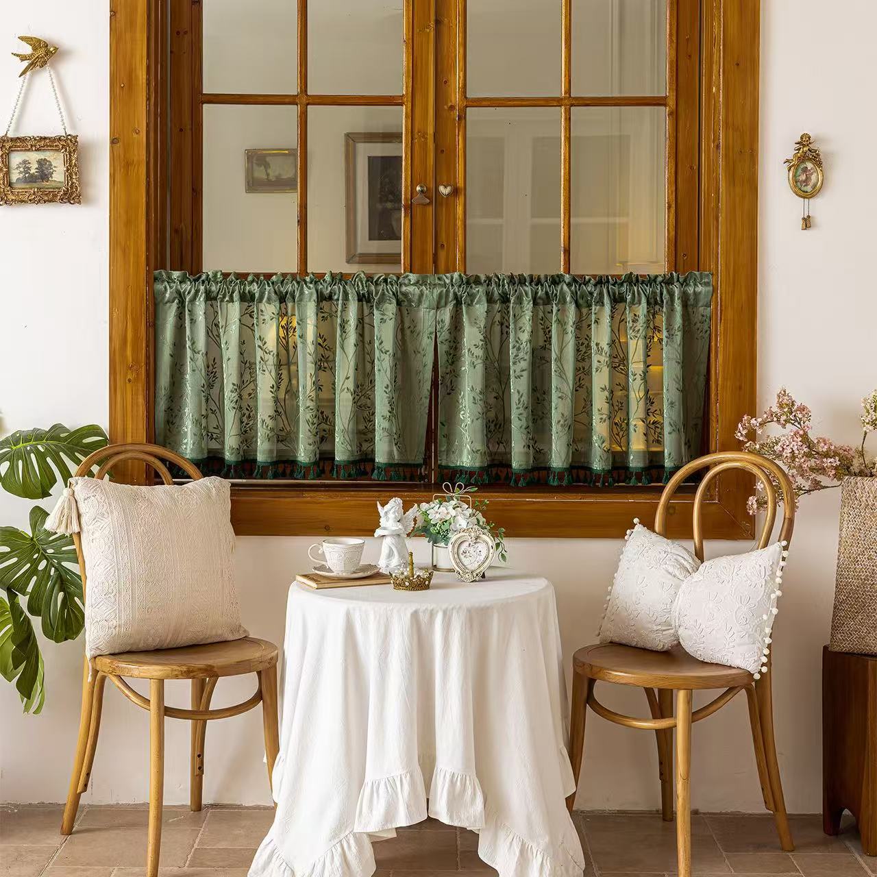 Green Valances for Windows, Small Window Curtains for Living Room Bathroom Laundry Basement, Modern Rod Pocket Semi Sheer Jacquard Curtains