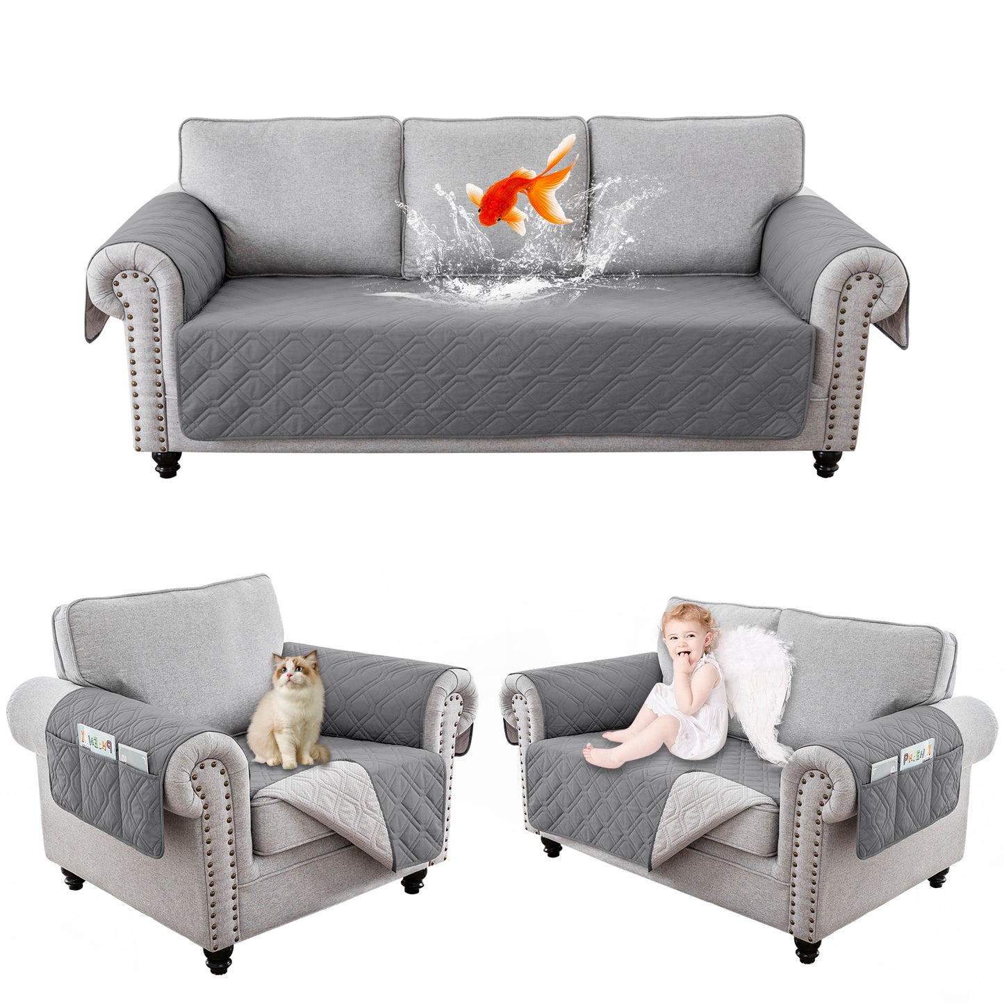 Recliner Sofa Cover Backless  for 1/2/3 Seater with Pocket, Slipcovers Reversible Washable Elastic Adjustable Strap for home,Grey