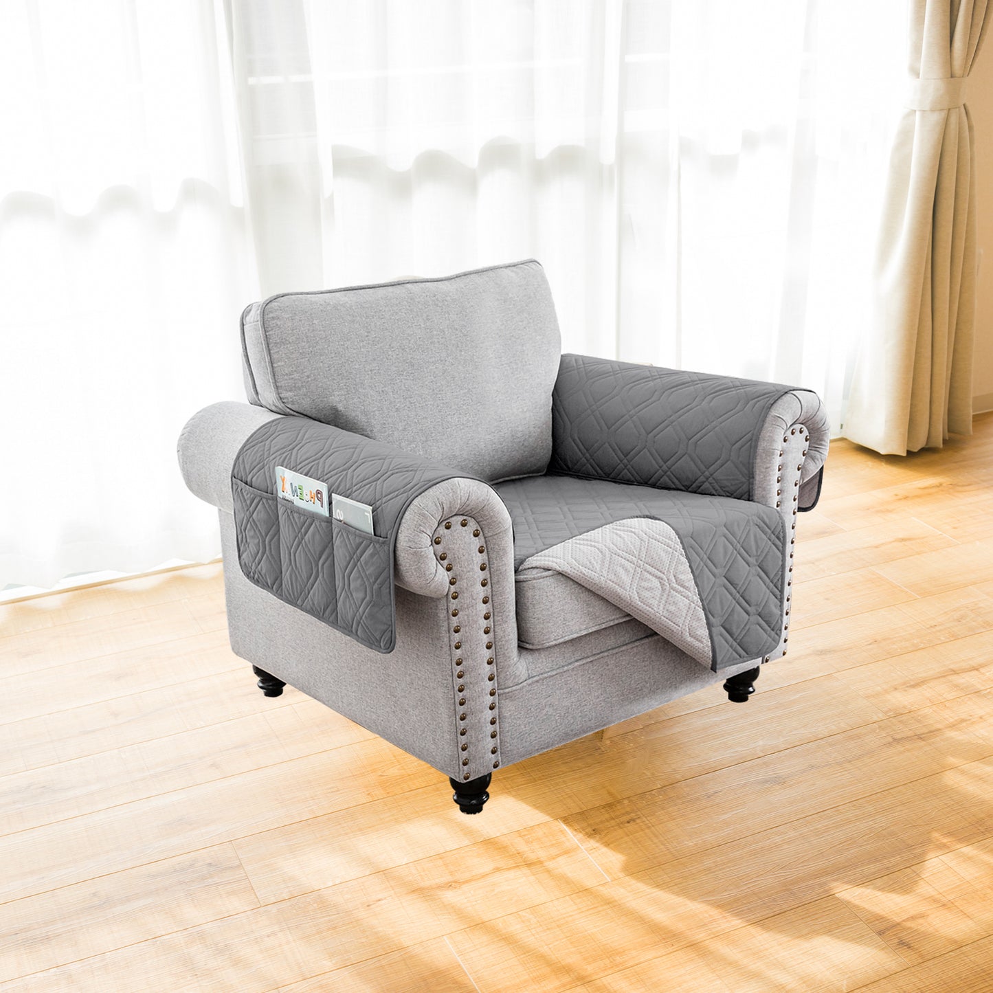 Recliner Sofa Cover Backless  for 1/2/3 Seater with Pocket, Slipcovers Reversible Washable Elastic Adjustable Strap for home,Grey