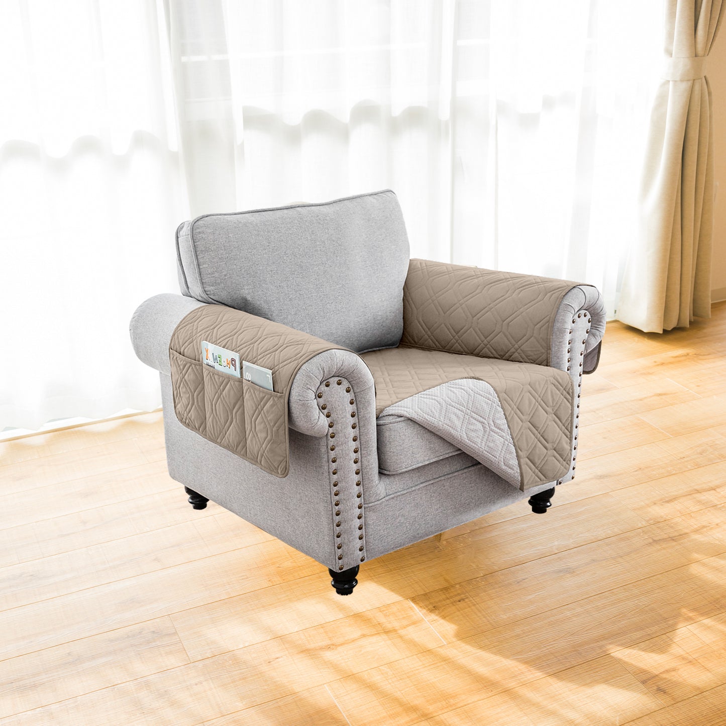Recliner Sofa Cover Backless  for 1/2/3 Seater with Pocket, Slipcovers Reversible Washable Elastic Adjustable Strap for home,Khaki