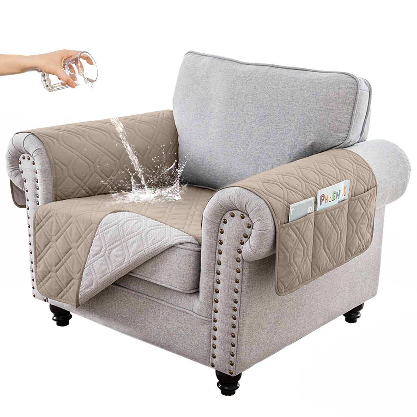 Recliner Sofa Cover Backless  for 1/2/3 Seater with Pocket, Slipcovers Reversible Washable Elastic Adjustable Strap for home,Khaki