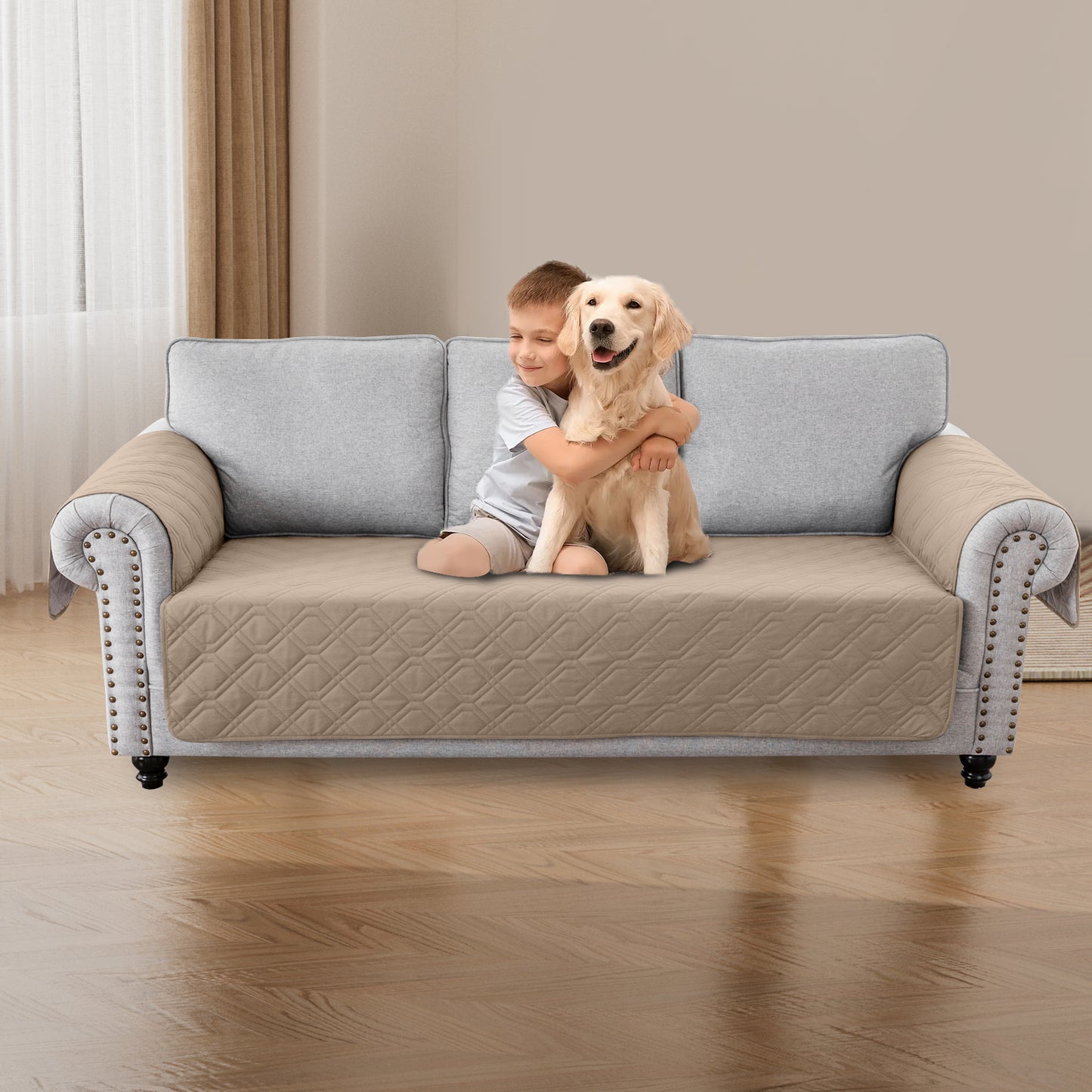 Recliner Sofa Cover Backless  for 1/2/3 Seater with Pocket, Slipcovers Reversible Washable Elastic Adjustable Strap for home,Khaki