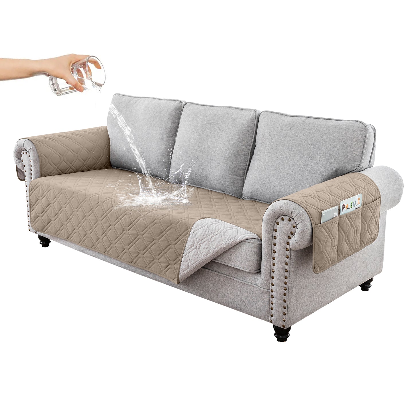 Recliner Sofa Cover Backless  for 1/2/3 Seater with Pocket, Slipcovers Reversible Washable Elastic Adjustable Strap for home,Khaki