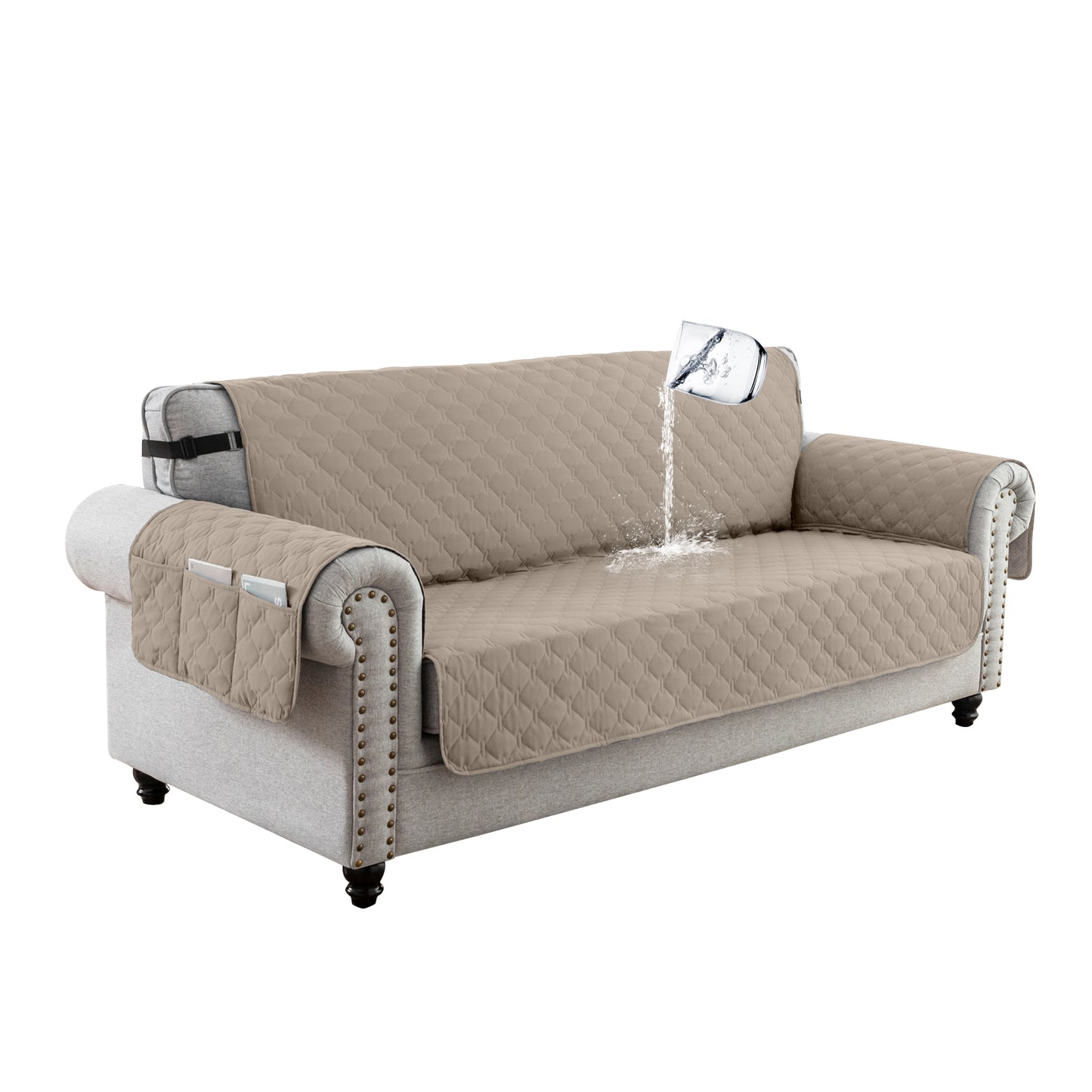 Sofa Slipcover Waterproof Couch Cover Non-Slip Sofa Cover for 1/2/3 Cushion Couch Seamless Whole Piece Fabric Furniture Protector for Pets Kids Children Dog Cat, Khaki