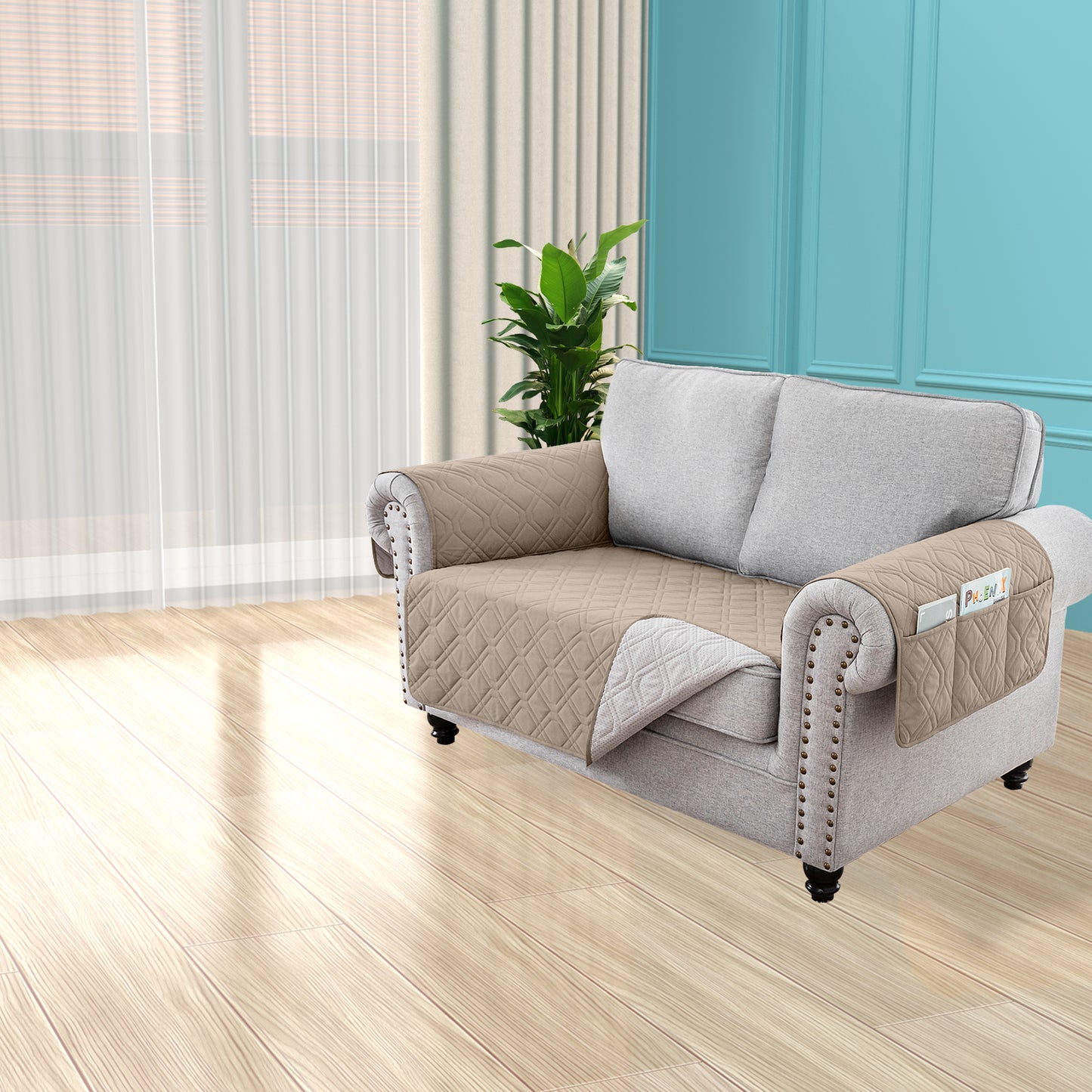 Recliner Sofa Cover Backless  for 1/2/3 Seater with Pocket, Slipcovers Reversible Washable Elastic Adjustable Strap for home,Khaki